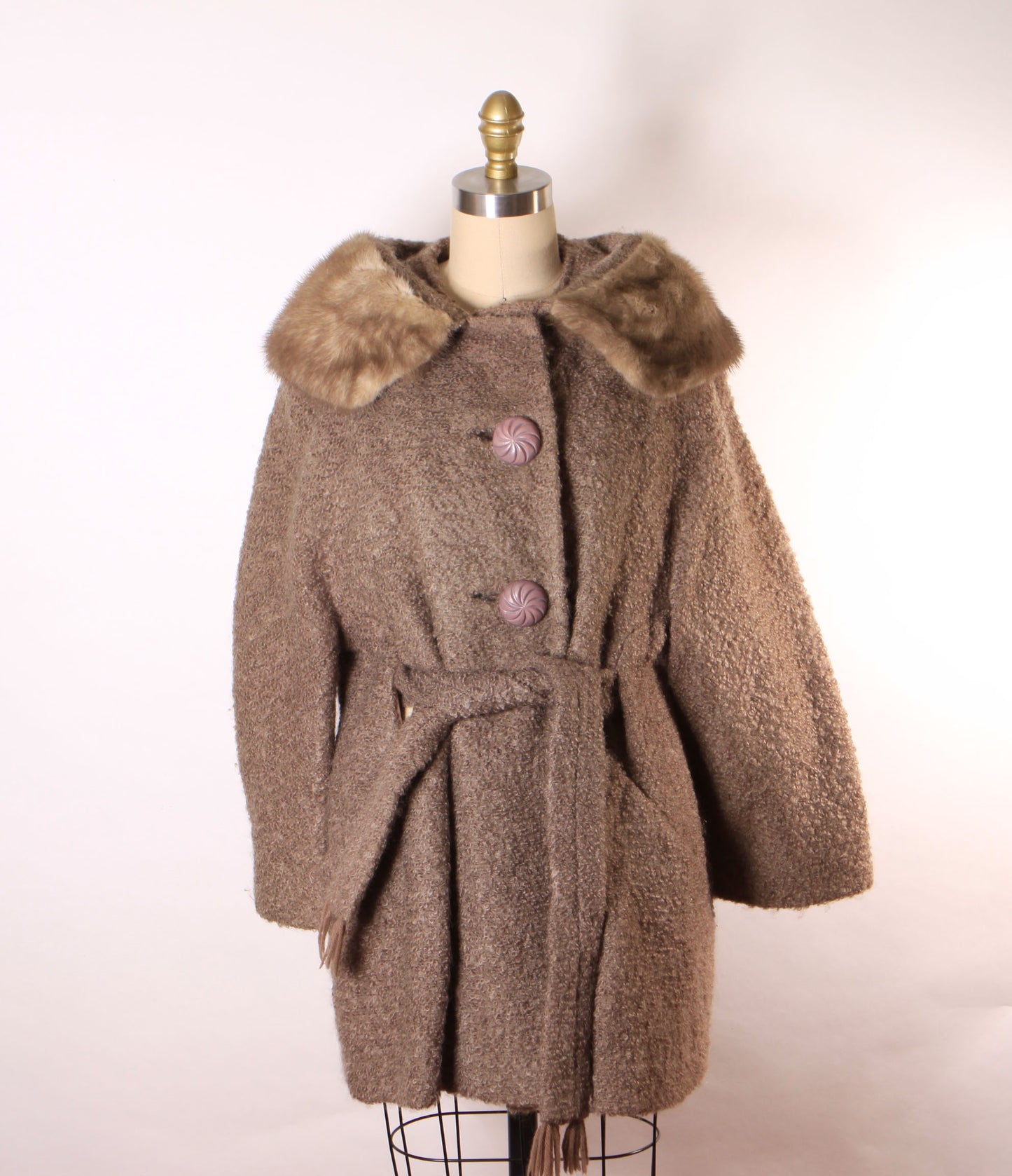 1950s Purple Gray Brown Long Sleeve Interior Belt Mink Fur Trim Collar Coat