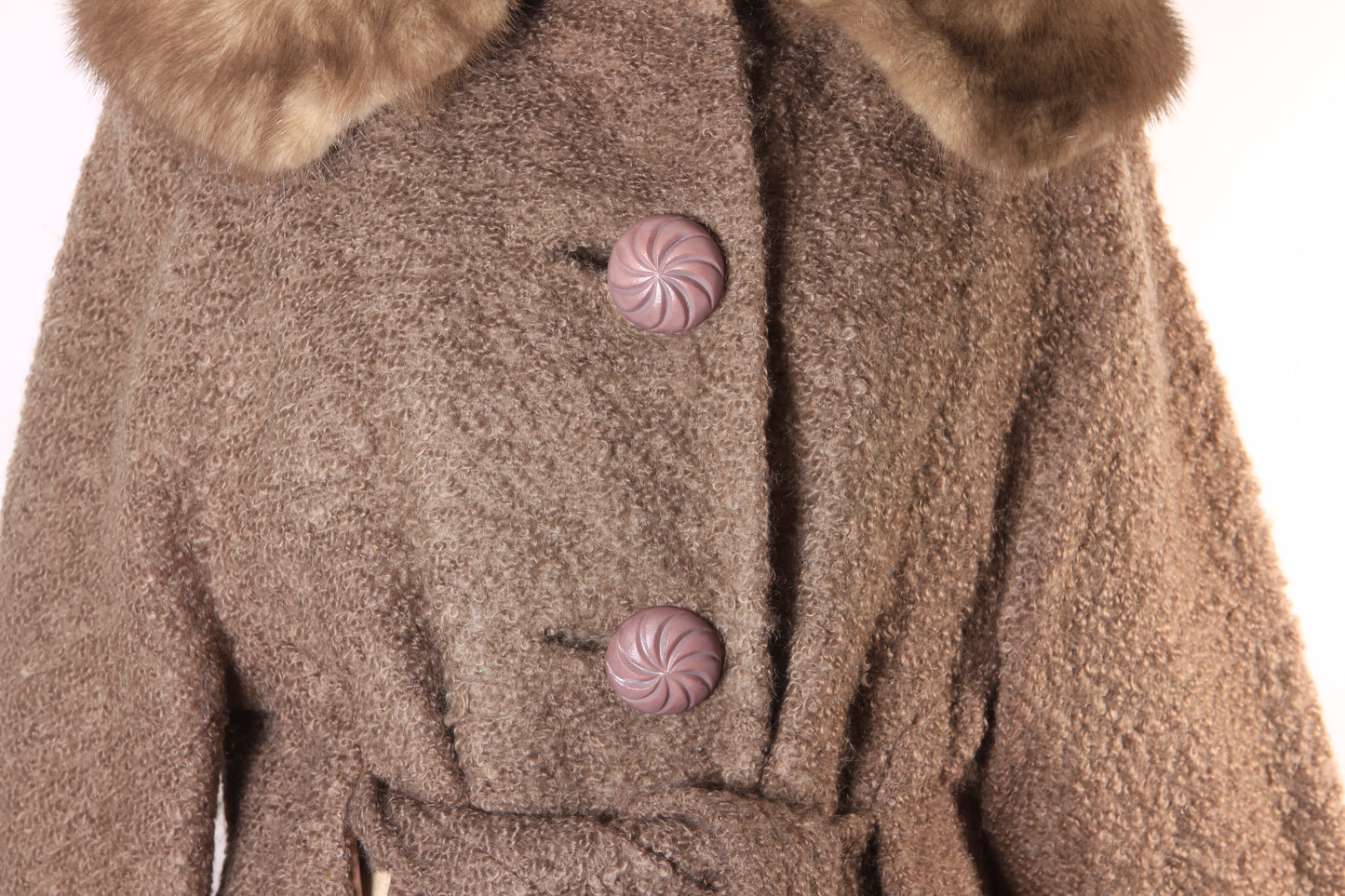 1950s Purple Gray Brown Long Sleeve Interior Belt Mink Fur Trim Collar Coat