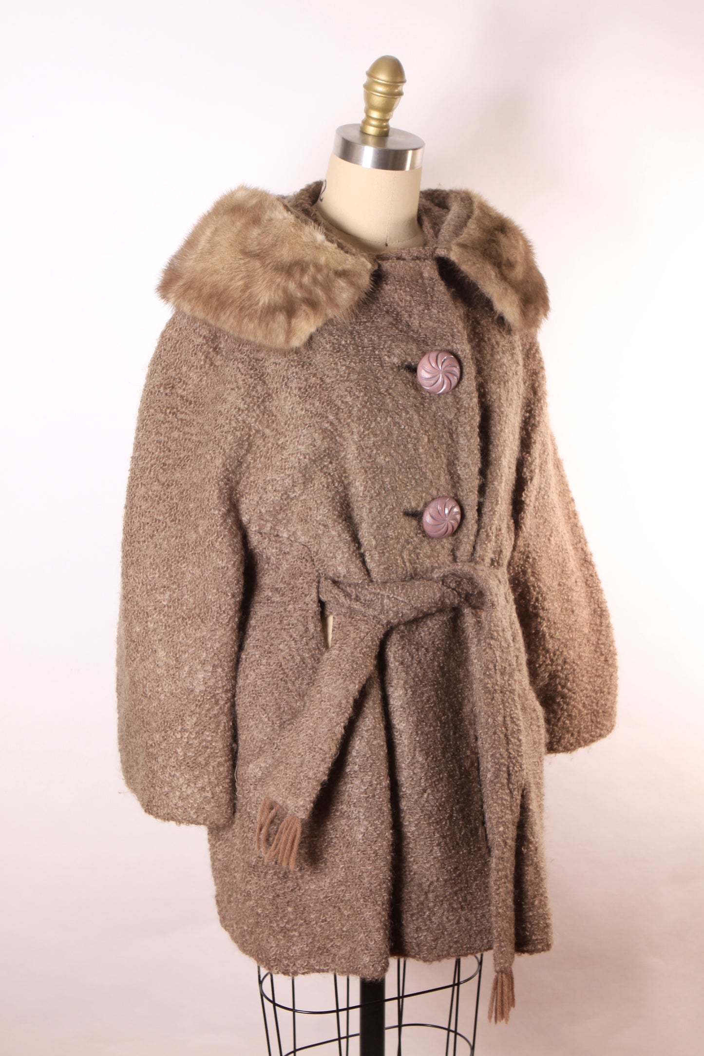 1950s Purple Gray Brown Long Sleeve Interior Belt Mink Fur Trim Collar Coat