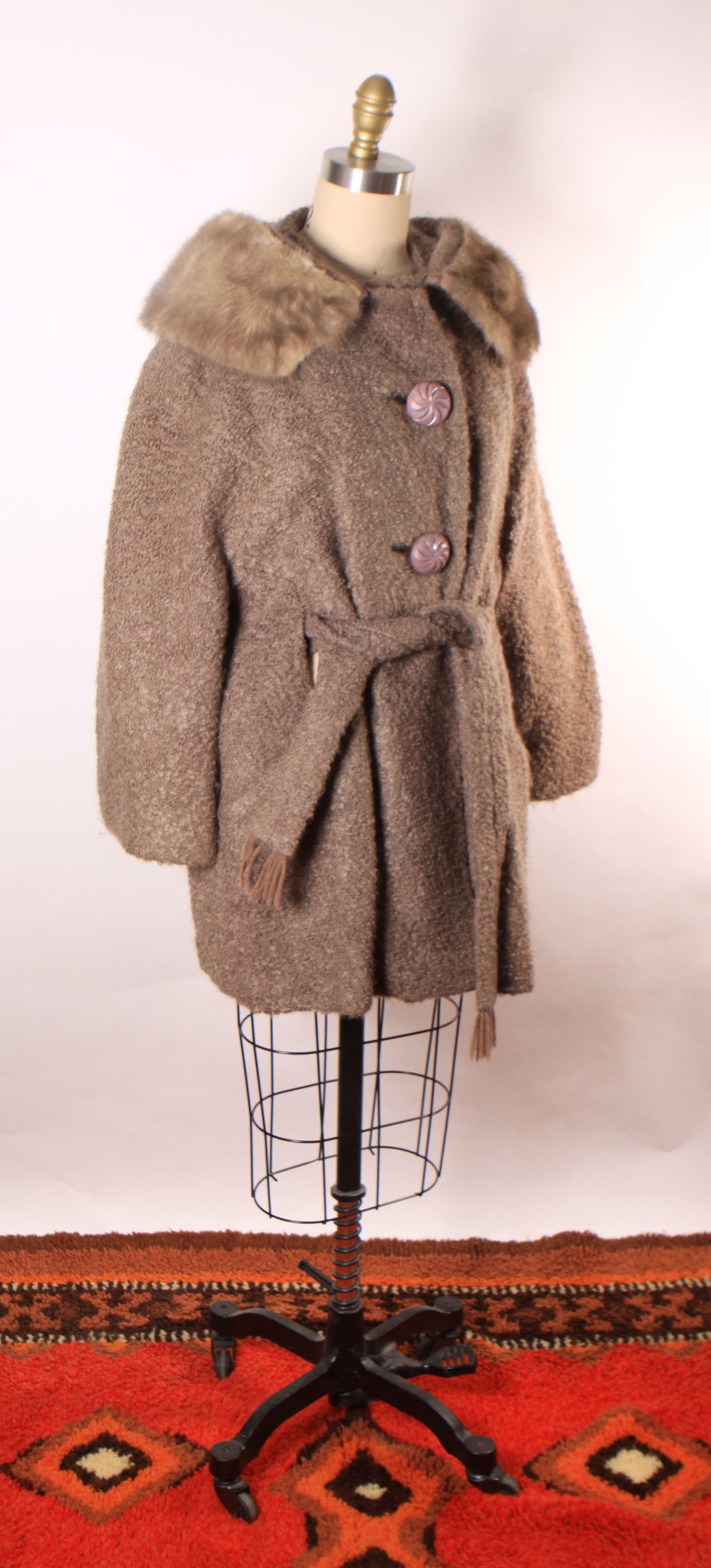 1950s Purple Gray Brown Long Sleeve Interior Belt Mink Fur Trim Collar Coat