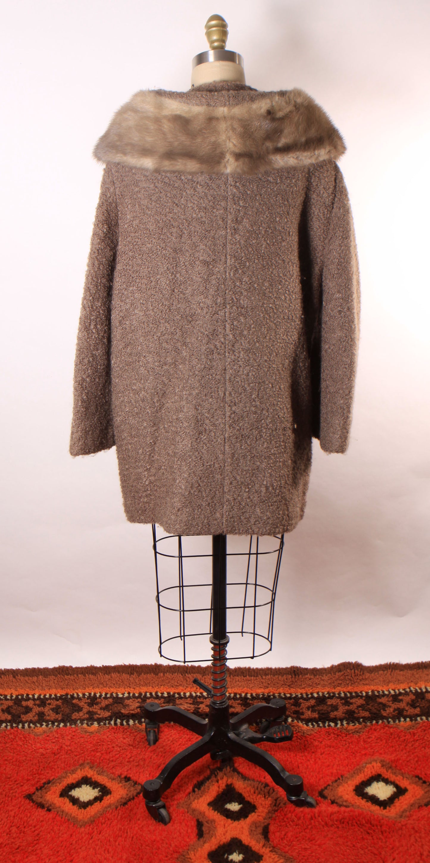 1950s Purple Gray Brown Long Sleeve Interior Belt Mink Fur Trim Collar Coat