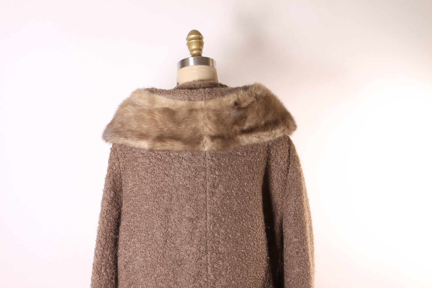 1950s Purple Gray Brown Long Sleeve Interior Belt Mink Fur Trim Collar Coat