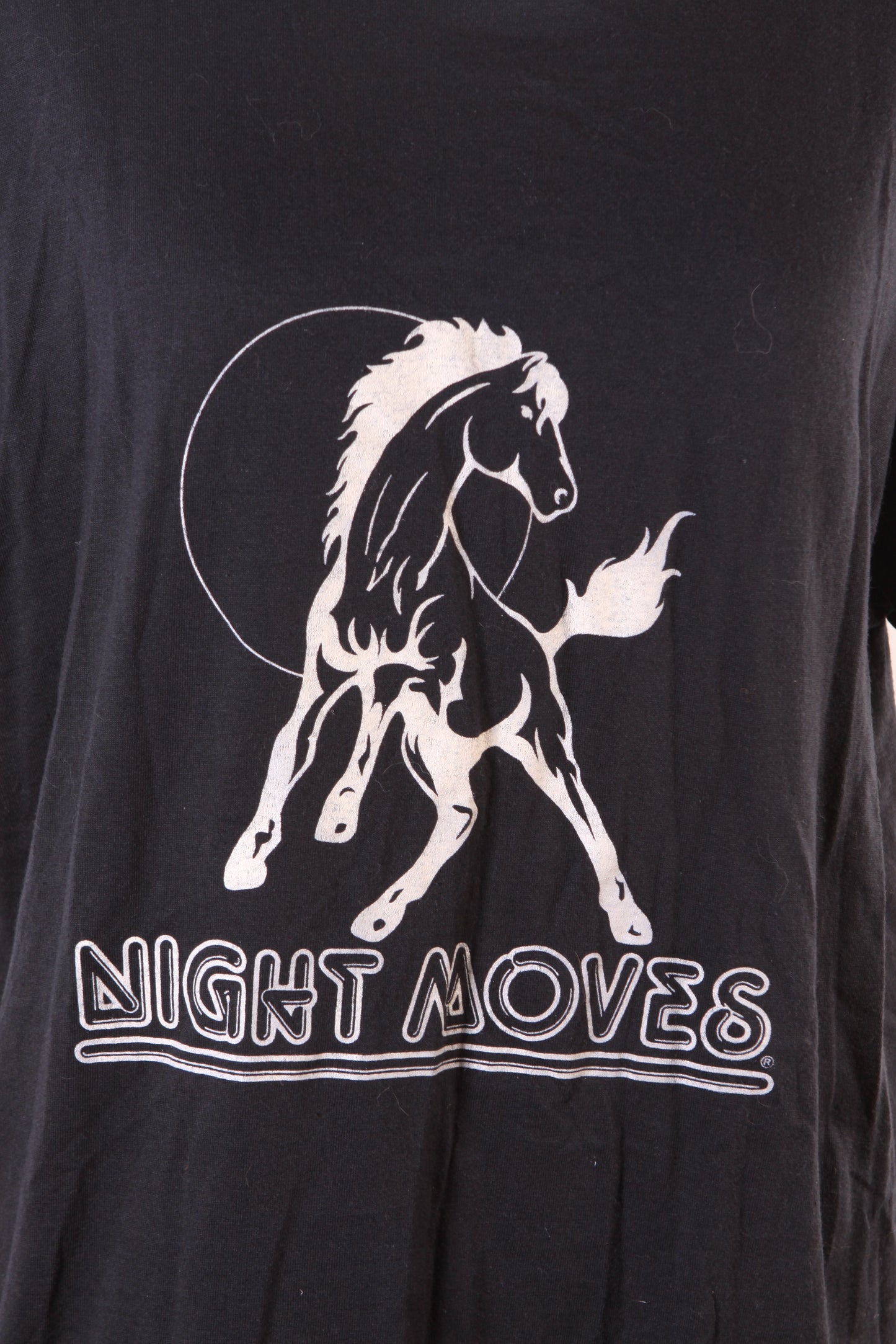 Deadstock 1980s Black Short Sleeve Single Stitch Bob Seger Night Moves Horse T-Shirt by Screen Stars -L
