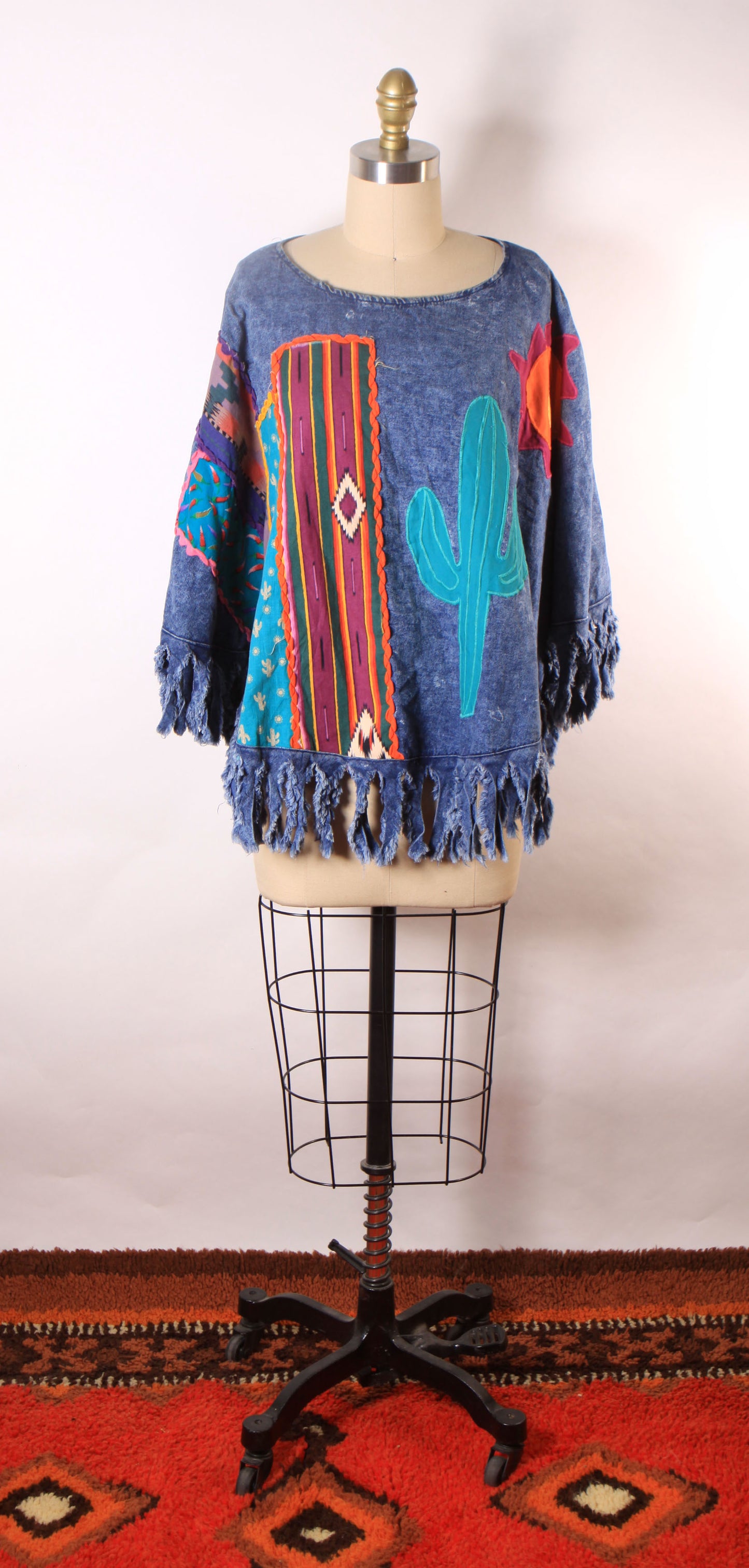 1980s Denim Fringe Novelty Cactus and Sun Southwestern Abstract Western Poncho