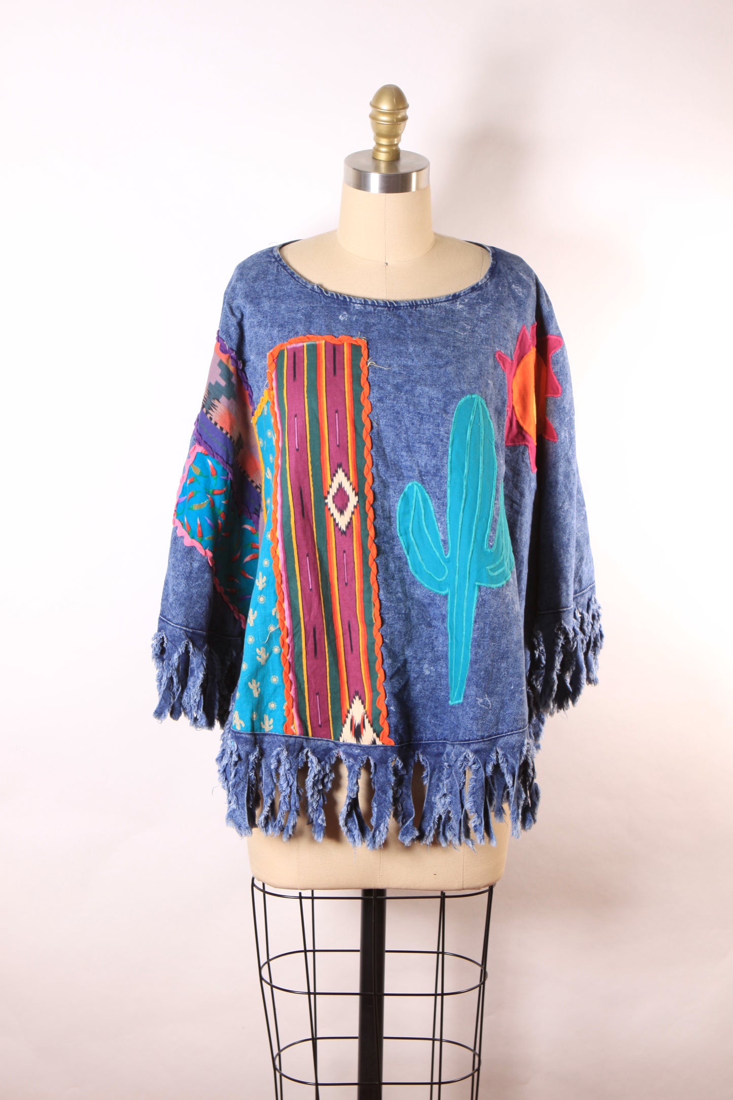 1980s Denim Fringe Novelty Cactus and Sun Southwestern Abstract Western Poncho