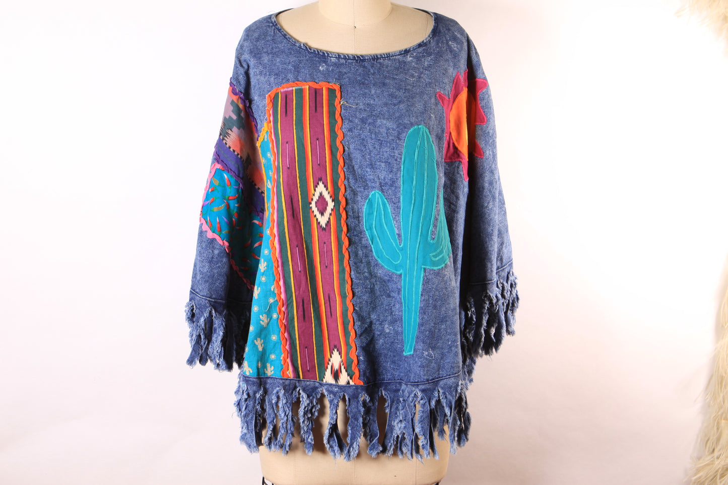 1980s Denim Fringe Novelty Cactus and Sun Southwestern Abstract Western Poncho