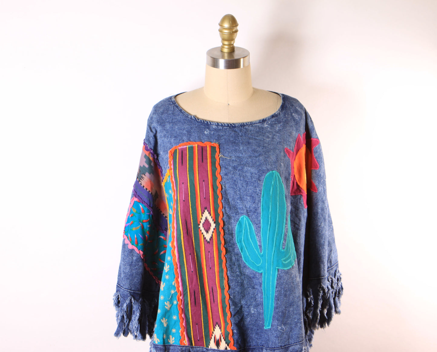 1980s Denim Fringe Novelty Cactus and Sun Southwestern Abstract Western Poncho
