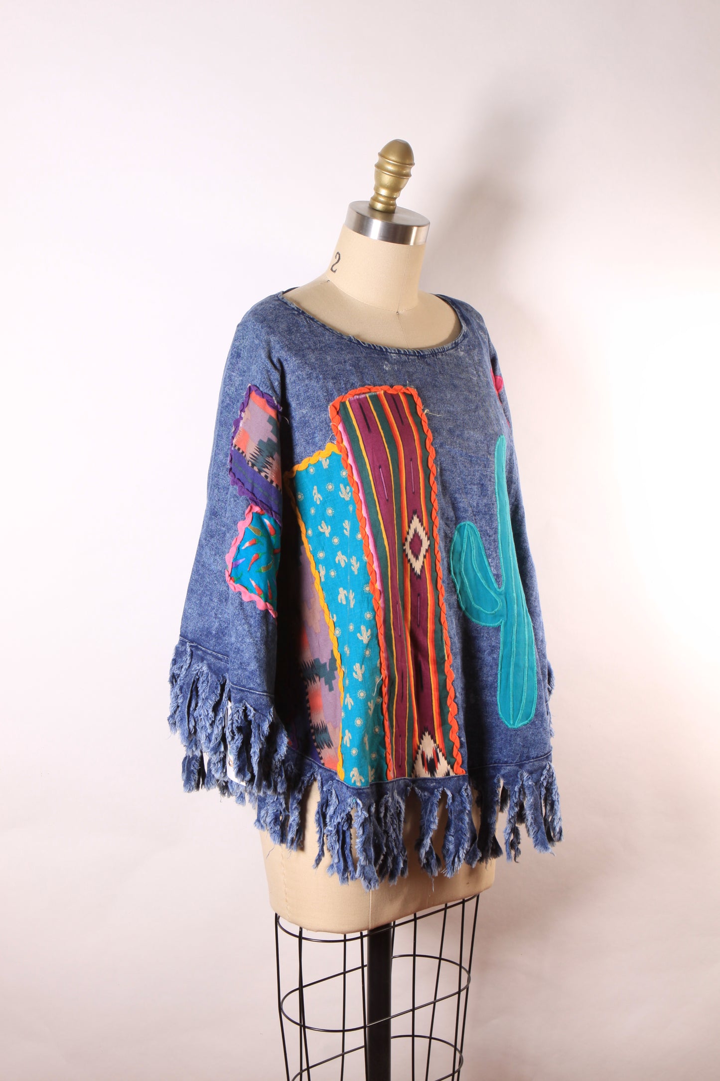 1980s Denim Fringe Novelty Cactus and Sun Southwestern Abstract Western Poncho