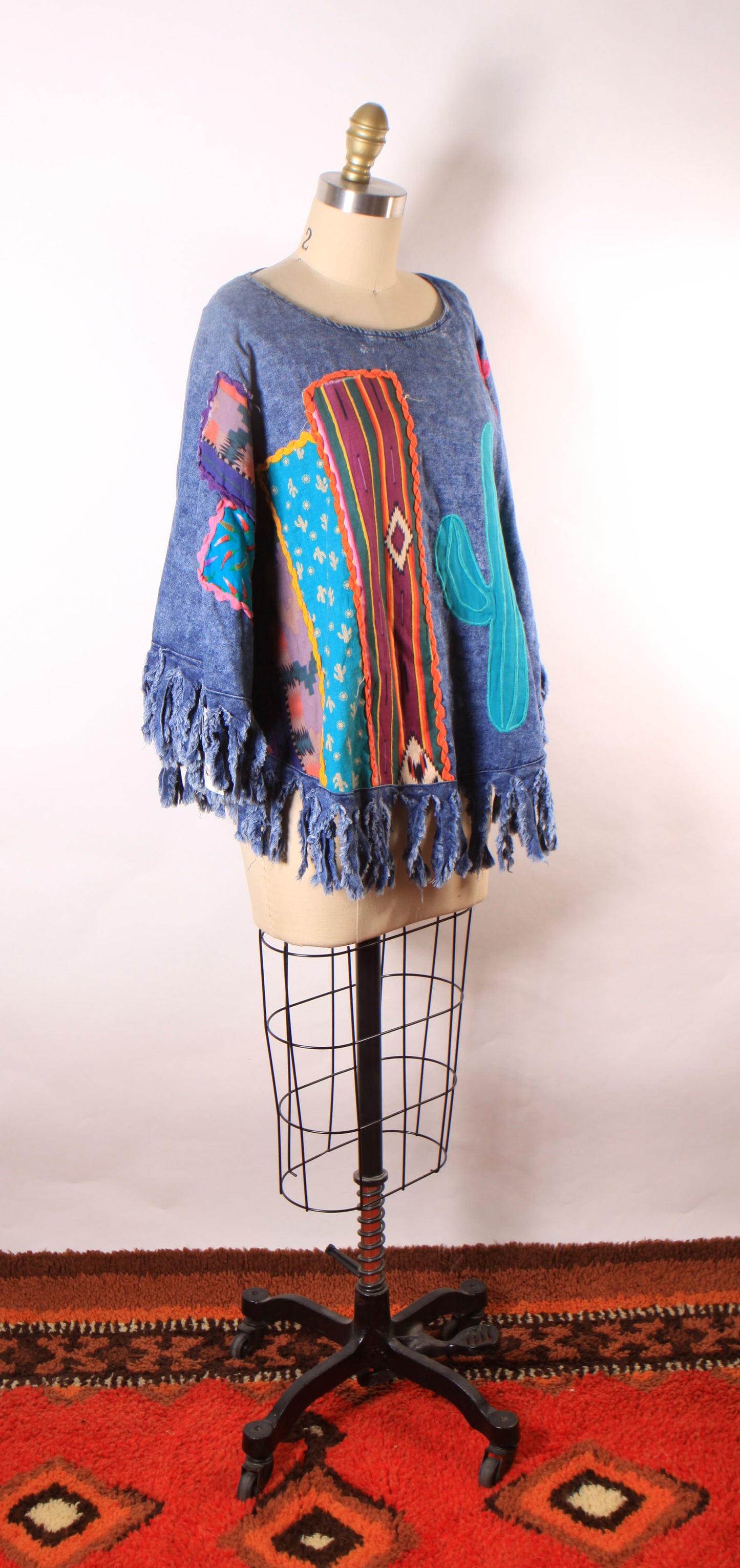 1980s Denim Fringe Novelty Cactus and Sun Southwestern Abstract Western Poncho