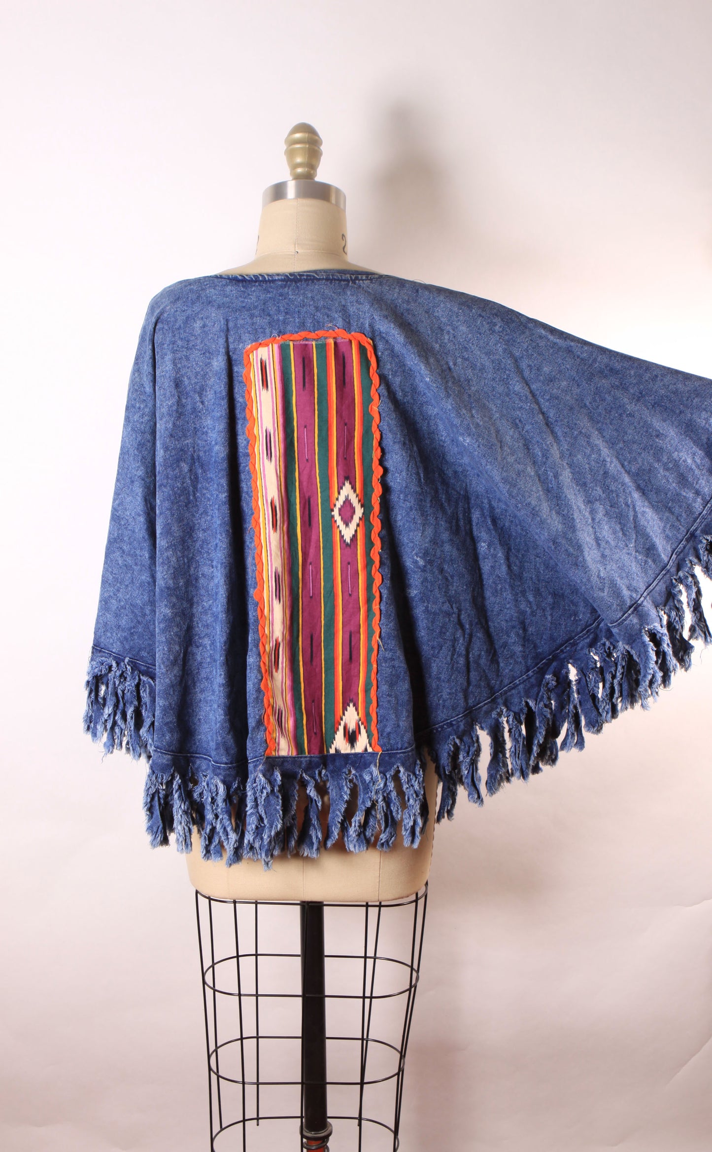 1980s Denim Fringe Novelty Cactus and Sun Southwestern Abstract Western Poncho