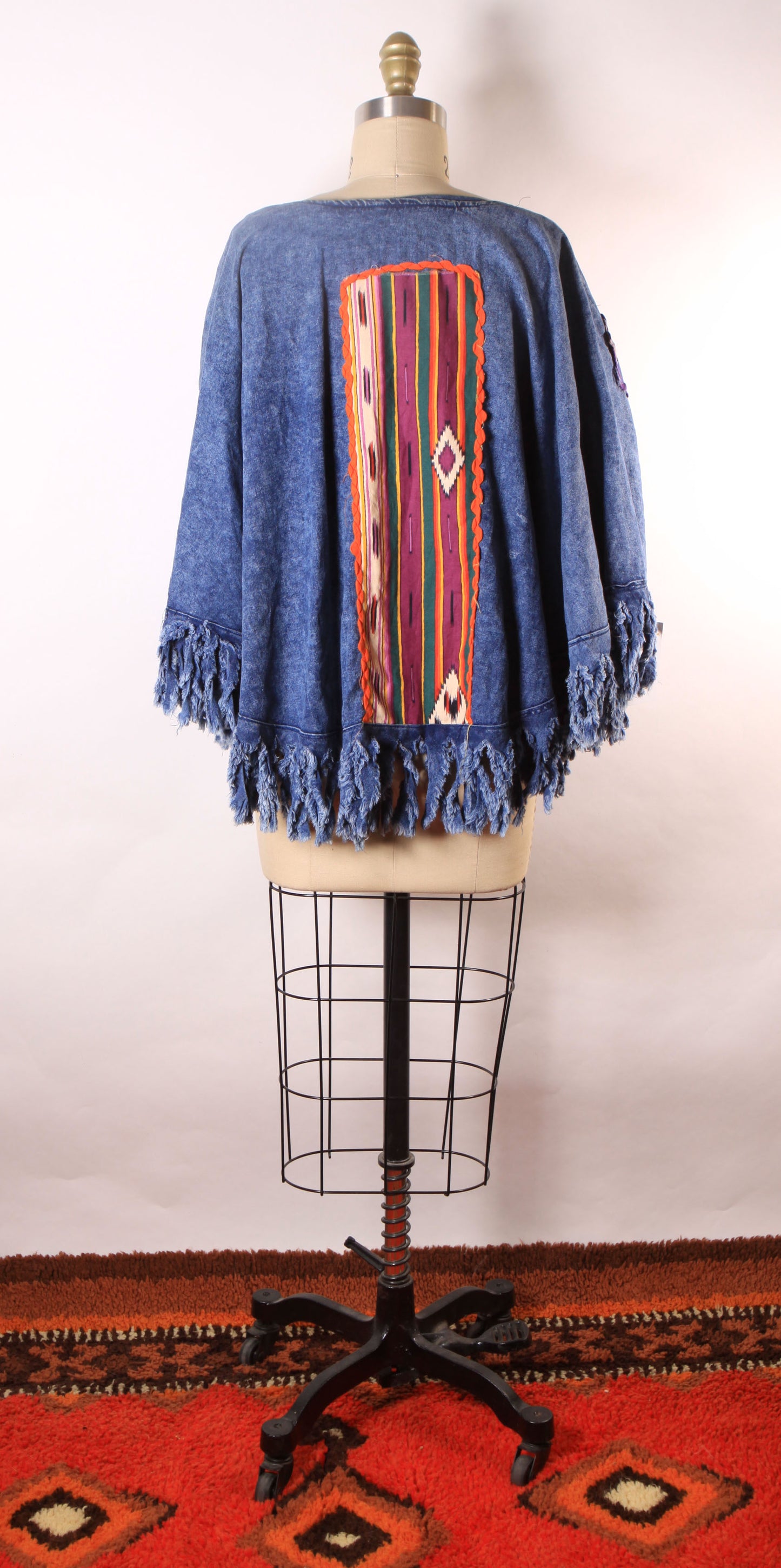 1980s Denim Fringe Novelty Cactus and Sun Southwestern Abstract Western Poncho