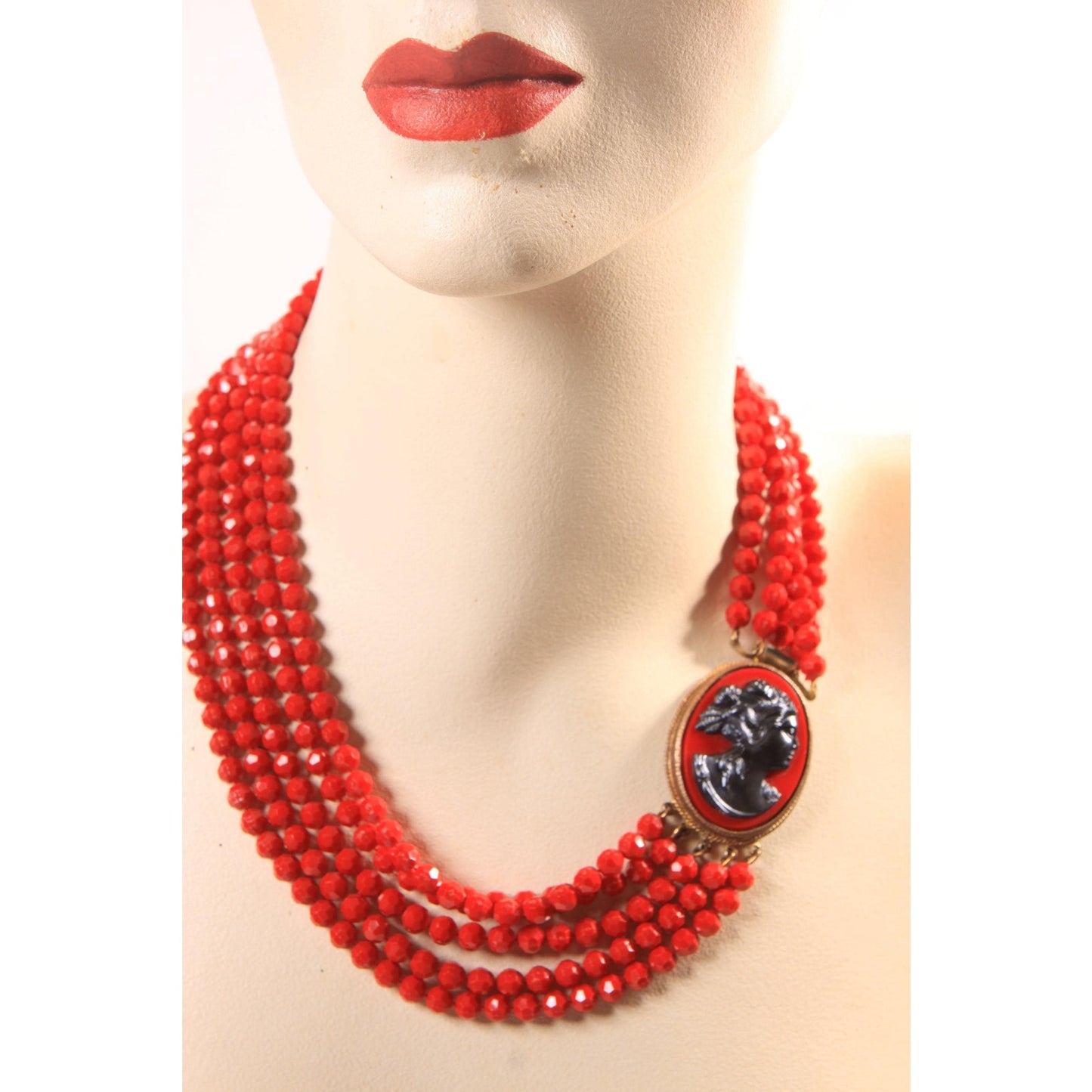 1950s 1960s Red Plastic Beaded Multi-Strand Red and Black Cameo Necklace