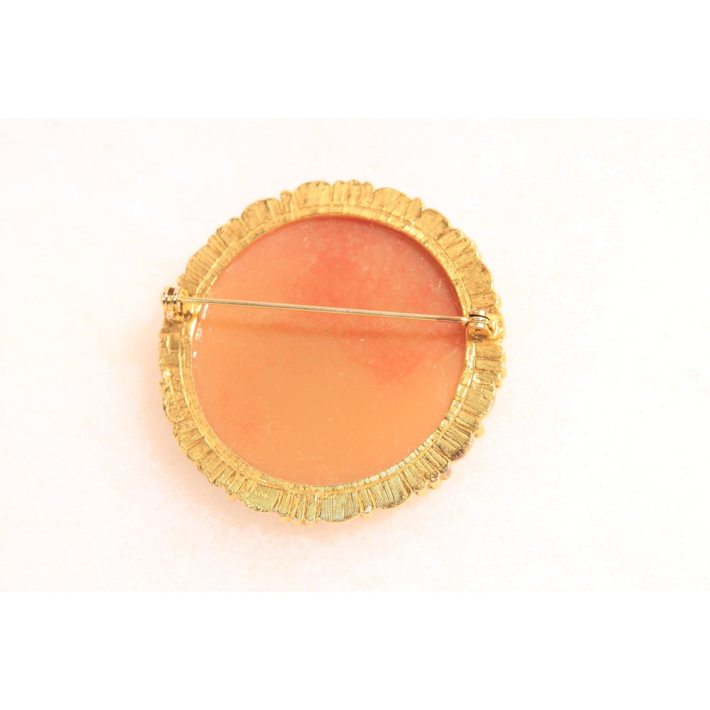1960s 1970s Peach Pink and Cream Gold Tone Metal Cameo Woman and Cherub Cameo Brooch