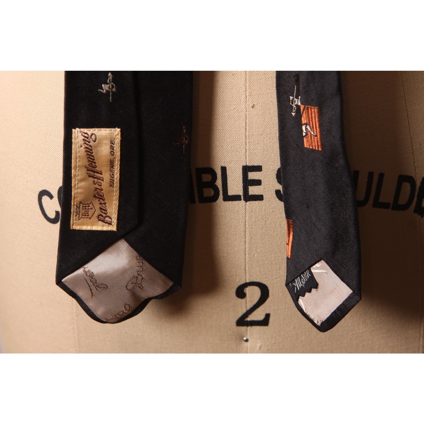 1950s Black and Brown Banner Flag Embroidered Necktie Tie by Baxter & Henning