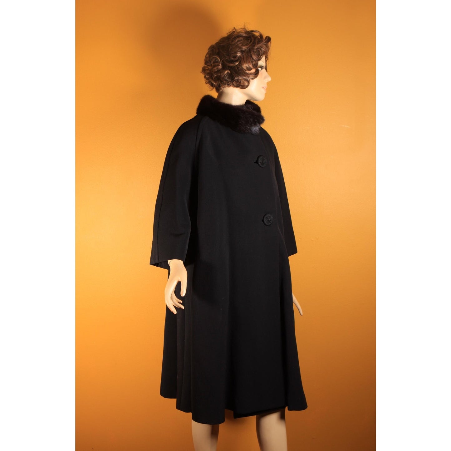 1950s Black Bracelet Sleeve Mink Fur Collar Swing Coat by Netter's -XL