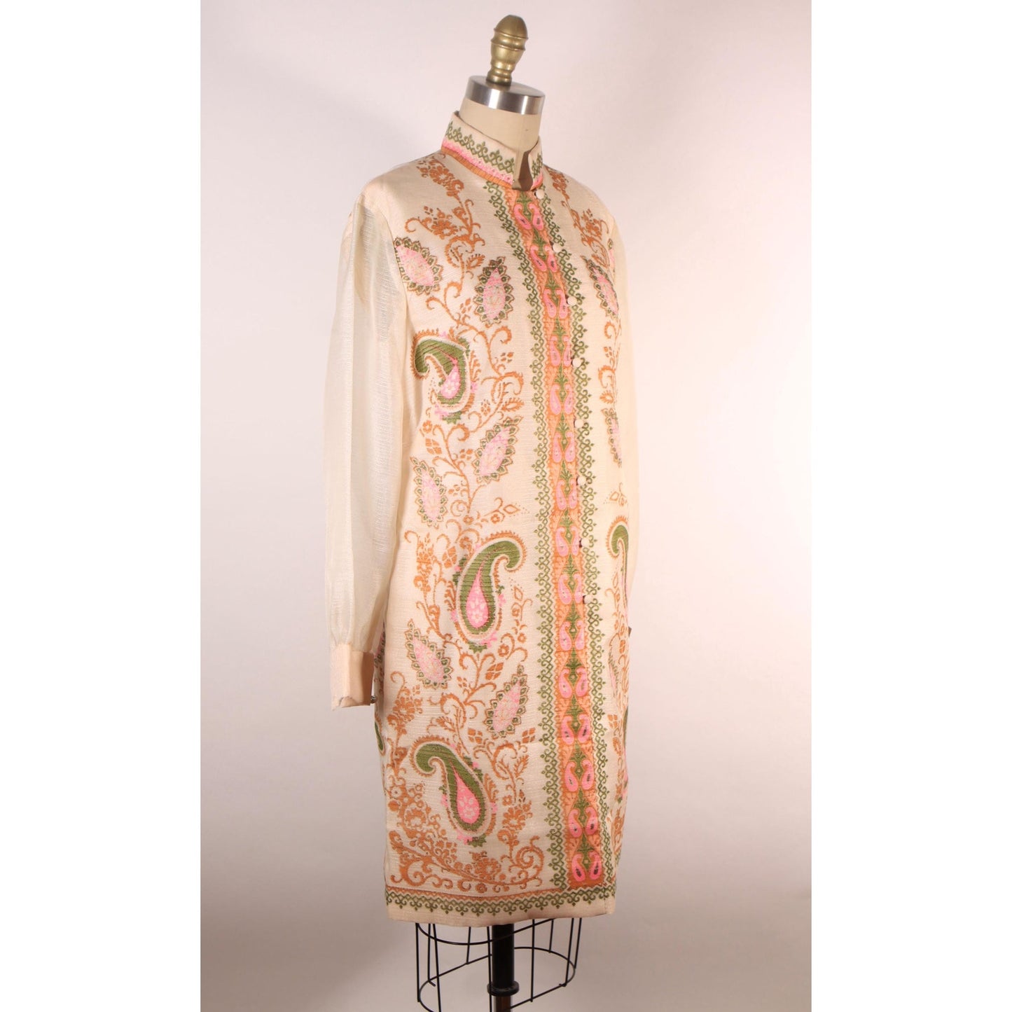 1960s Pale Beige Pink and Green Swirl Paisley Print Sheer Long Sleeve Hawaiian Dress by Alfred Shaheen -S-M