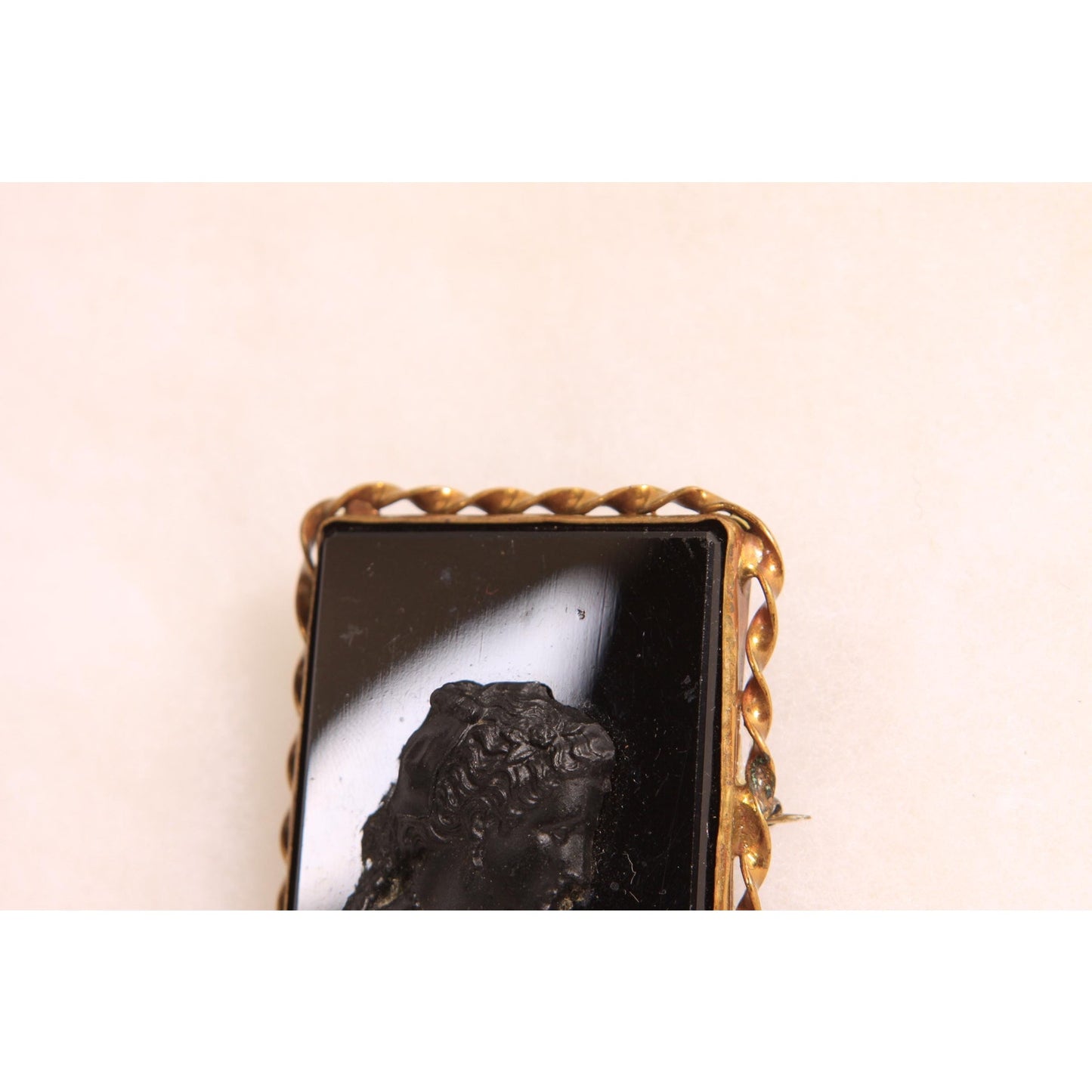 Antique Victorian 1800s Black Glass Cameo Square Gold Tone Metal Cameo Brooch