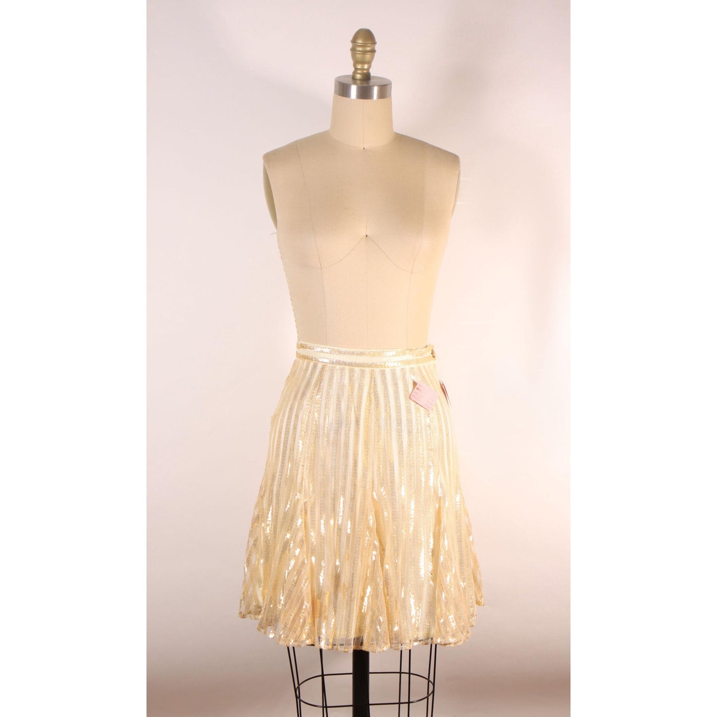 Dead Stock 1980s Gold Metallic Floral Flower Lace Button Down Blouse with Matching Striped Skirt Suit Outfit by Honeybee -XS