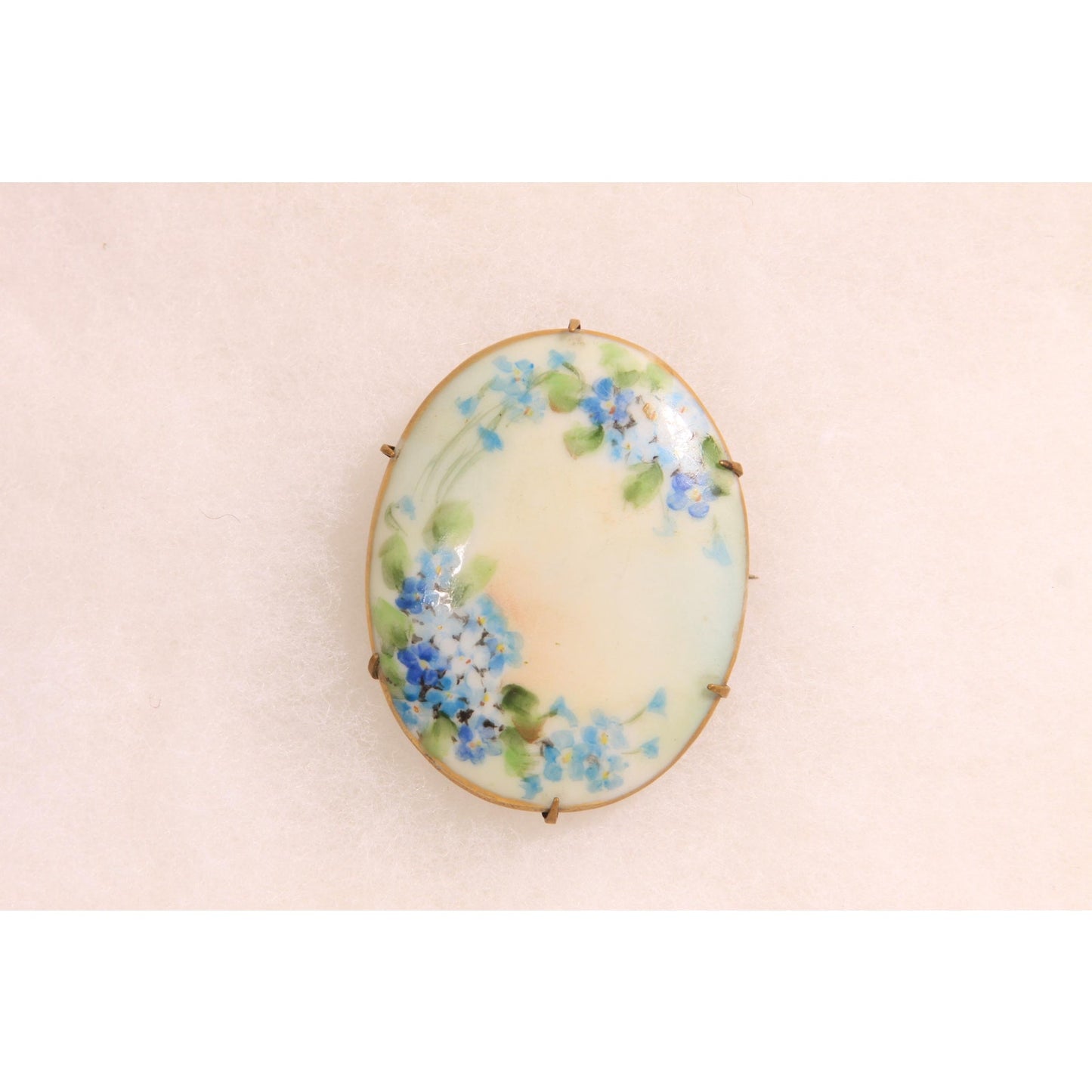 Antique Victorian 1800s Cream, Blue and Green Floral Hand Painted Porcelain Brooch