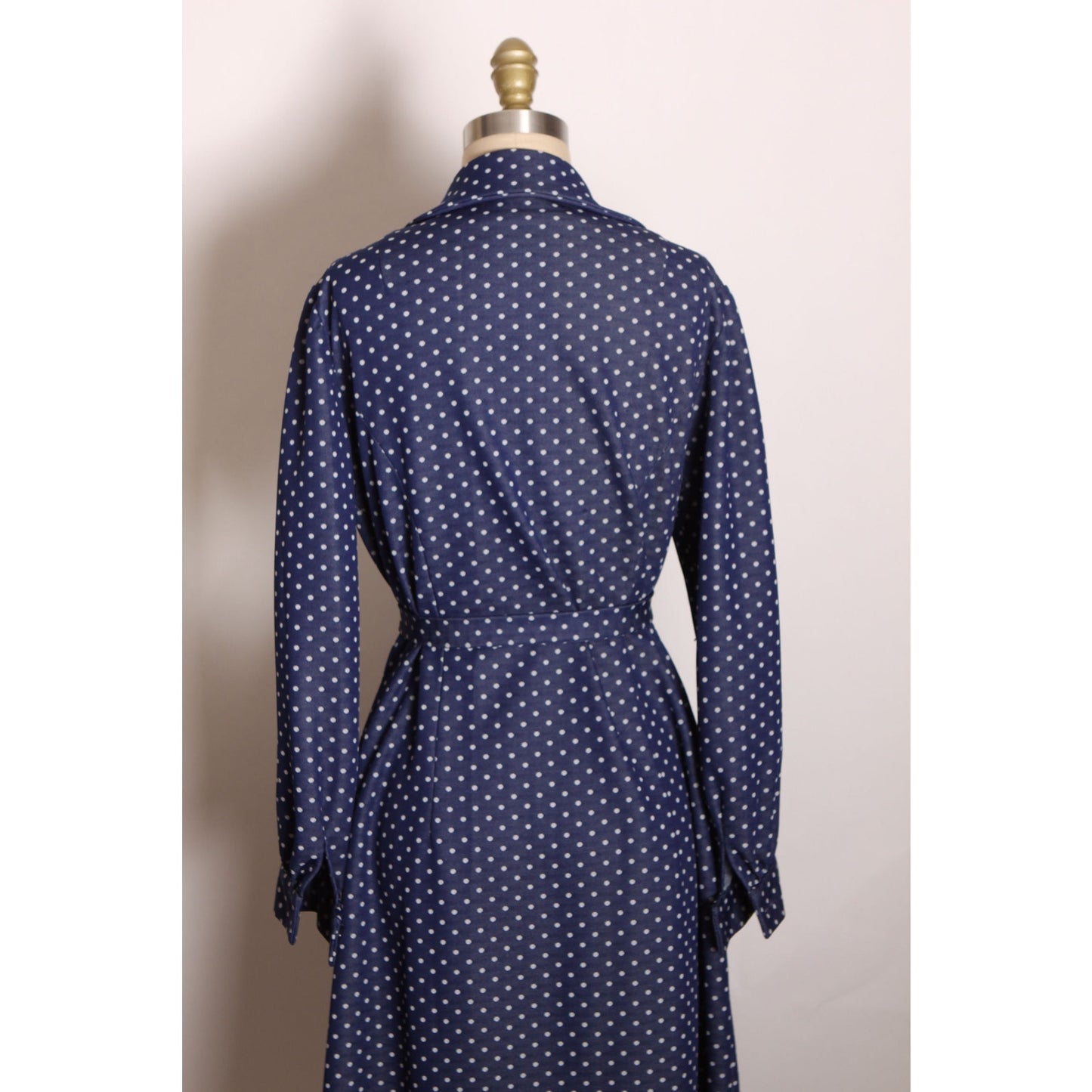 1970s Navy Blue and White Polka Dot Long Sleeve Pocketed Button Up Front Polyester Dress -L