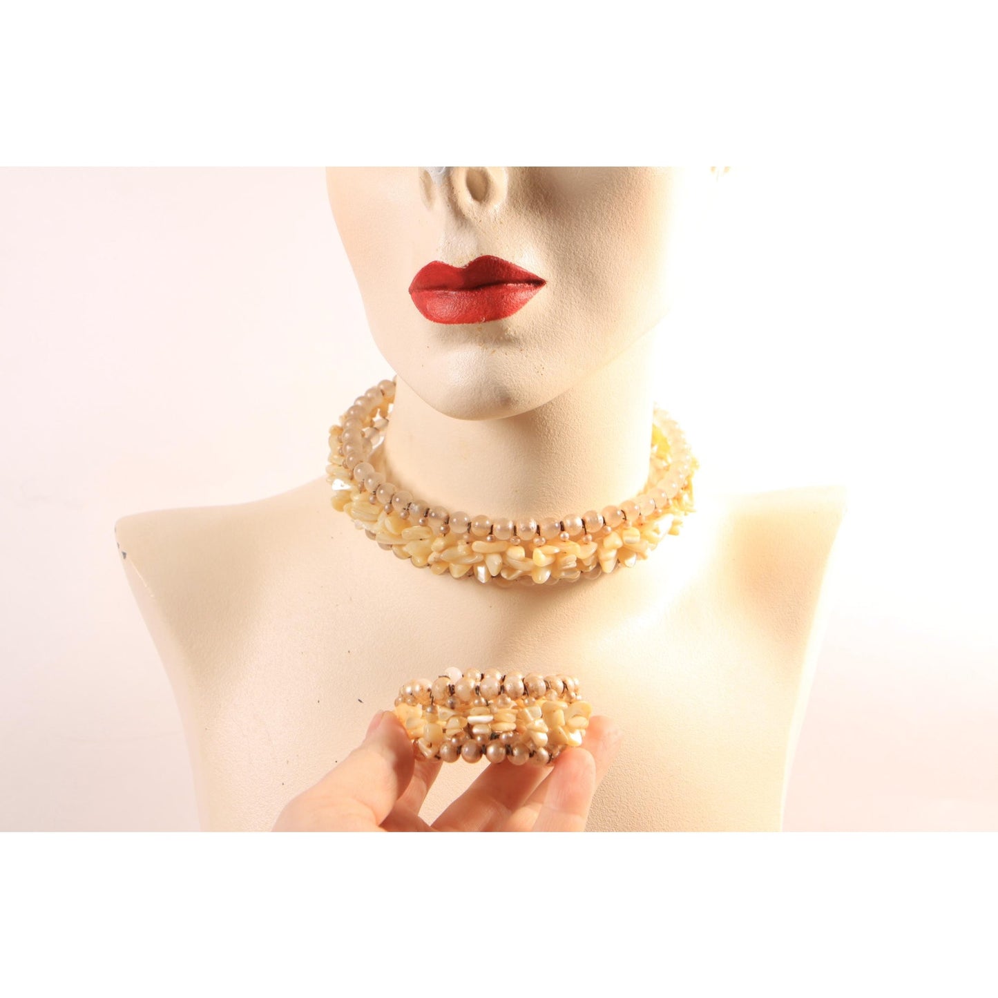 1950s Faux Pearl and Mother of Pearl Chip Wired Choker Necklace with Matching Bracelet