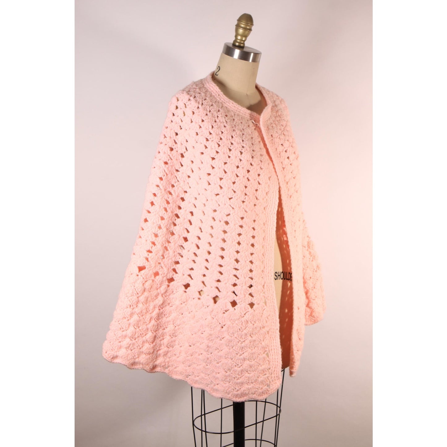 Late 1960s Early 1970s Pastel Pink Crochet Shawl Wrap