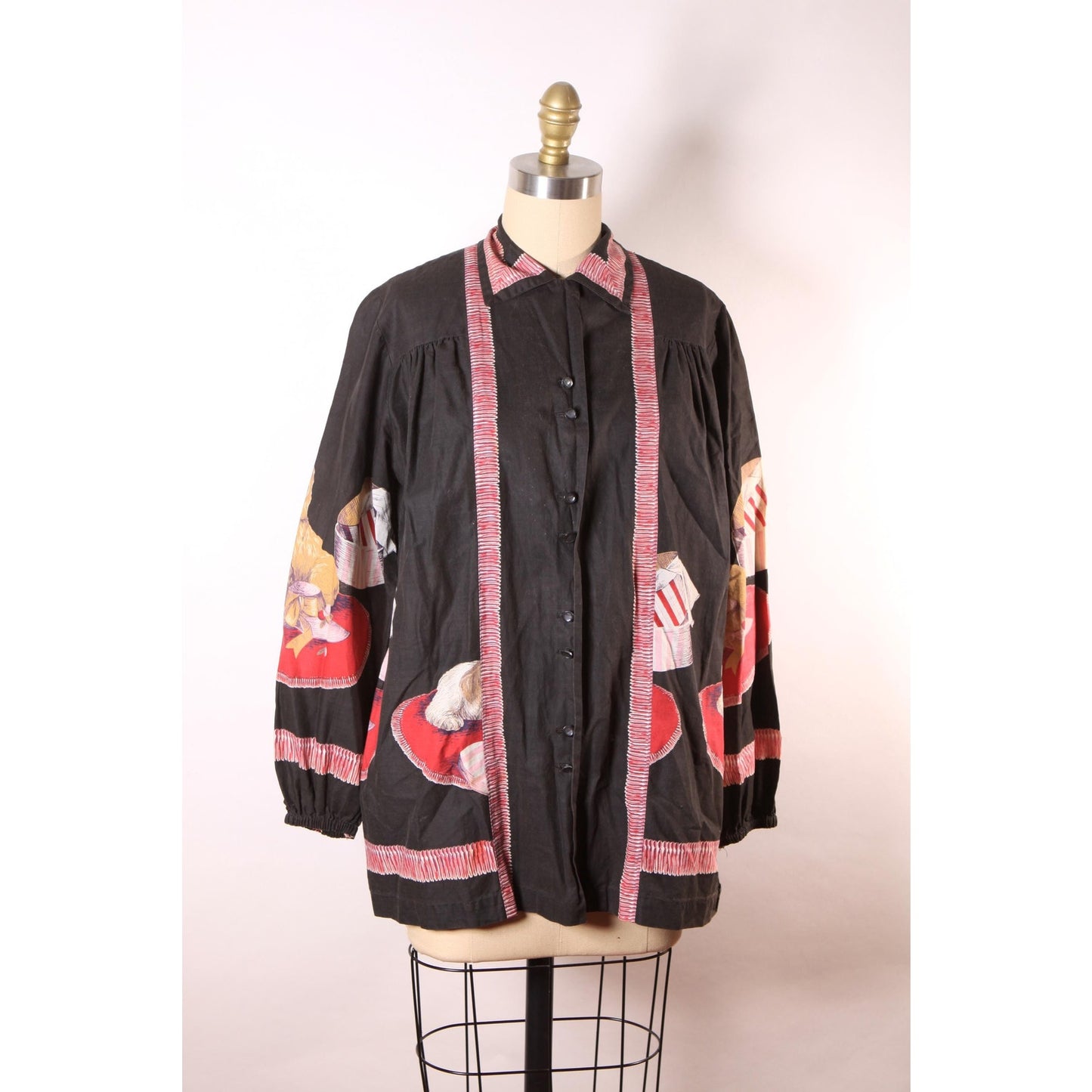 1950s Novelty Puppies and Presents Black Long Sleeve John Wolf Print Blouse Smock Top -XL