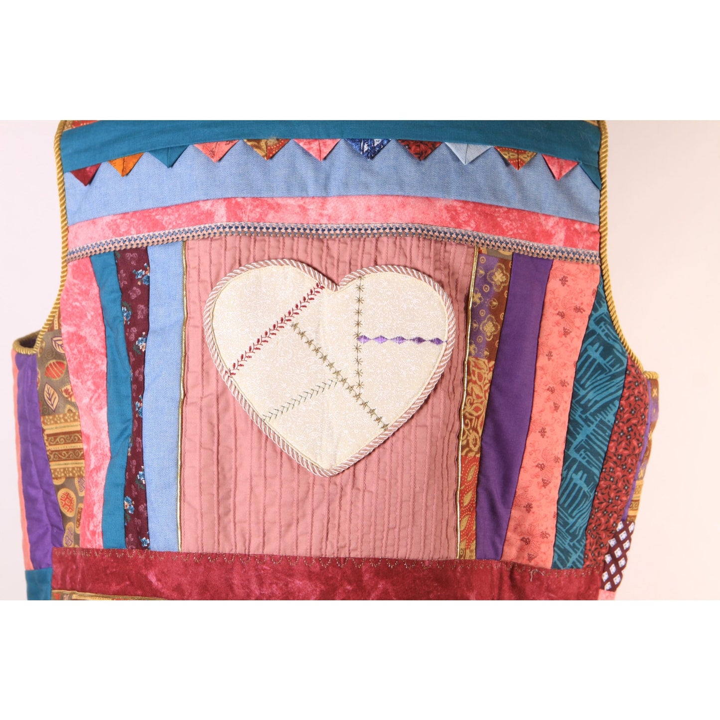 1980s Multi-Colored Patchwork Quilt Basket and Heart Sleeveless Reversible Galaxy Vest -XL