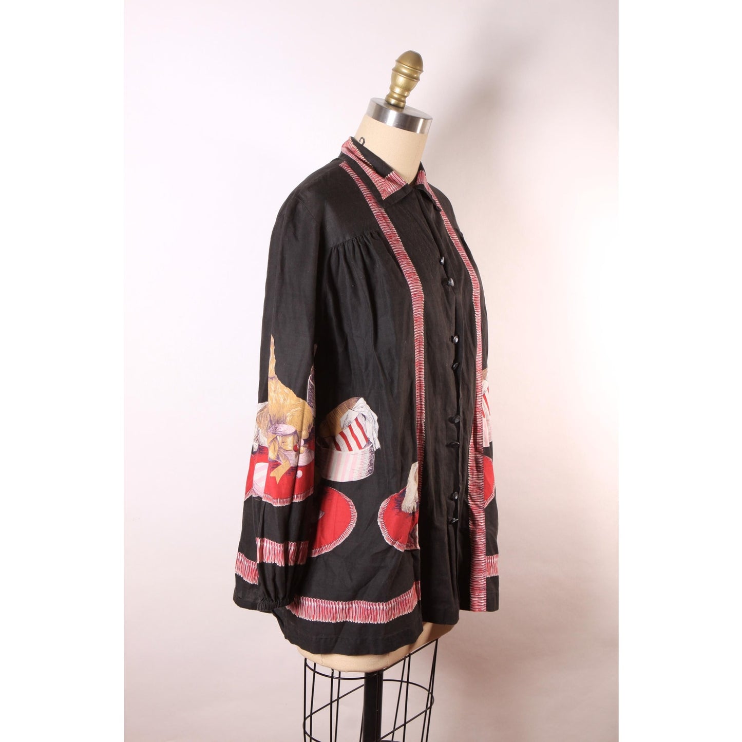 1950s Novelty Puppies and Presents Black Long Sleeve John Wolf Print Blouse Smock Top -XL