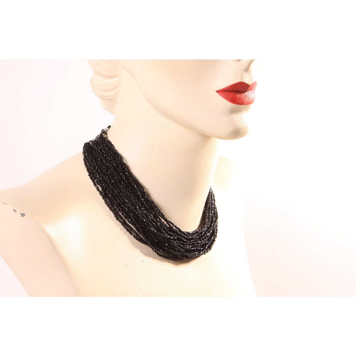 1950s 1960s Black Multi-Strand Beaded Draped Necklace by Laguna