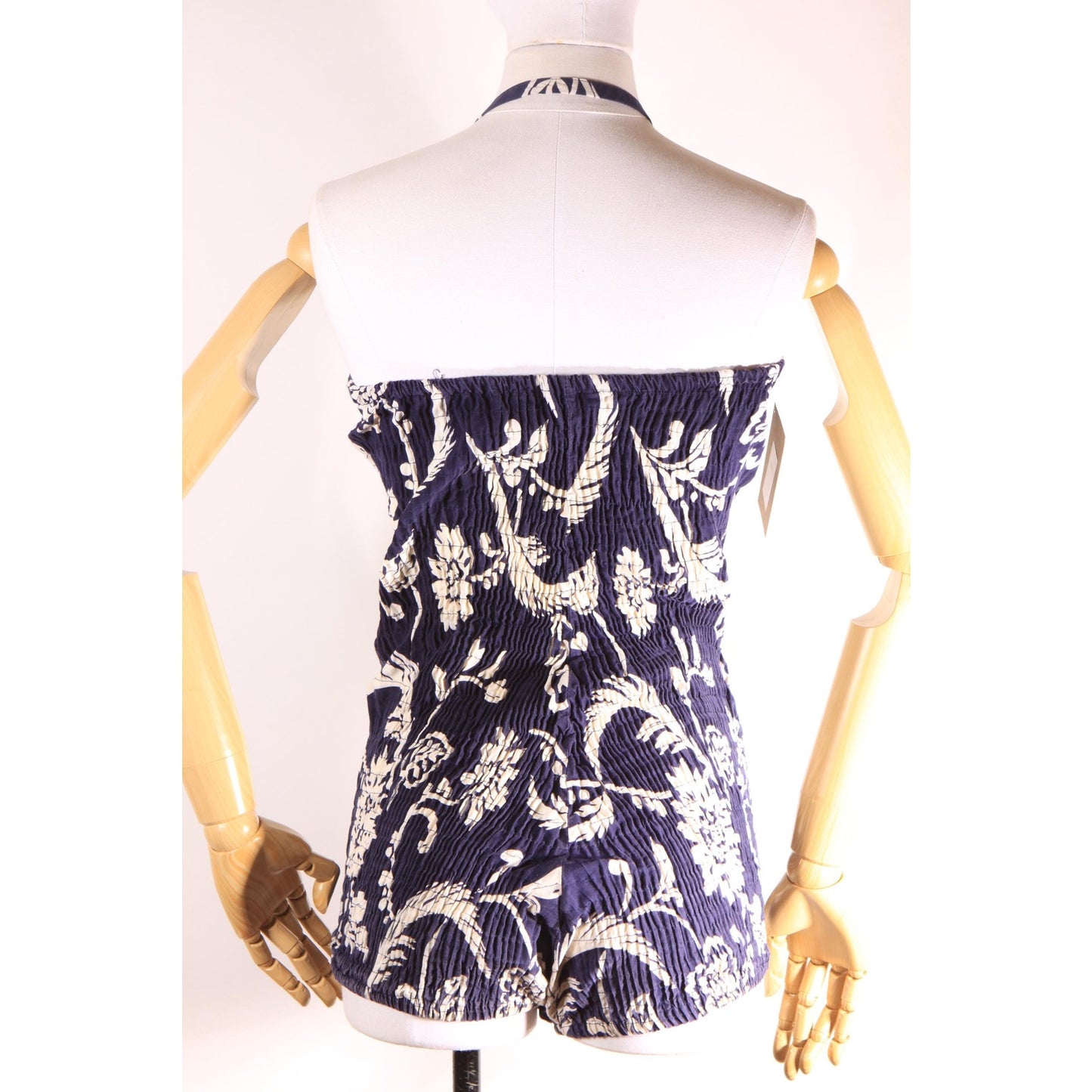 1950s Dark Blue and White Floral Hawaiian Ruched One Piece Swimsuit by Made in Hawaii -S