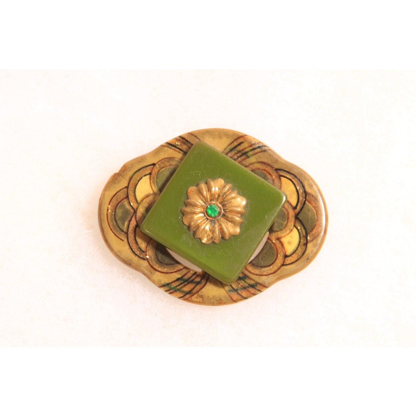 1930s Green and Yellow Rhinestone Art Deco Art Nouveau Rounded Bakelite and Plastic Swirl Brooch