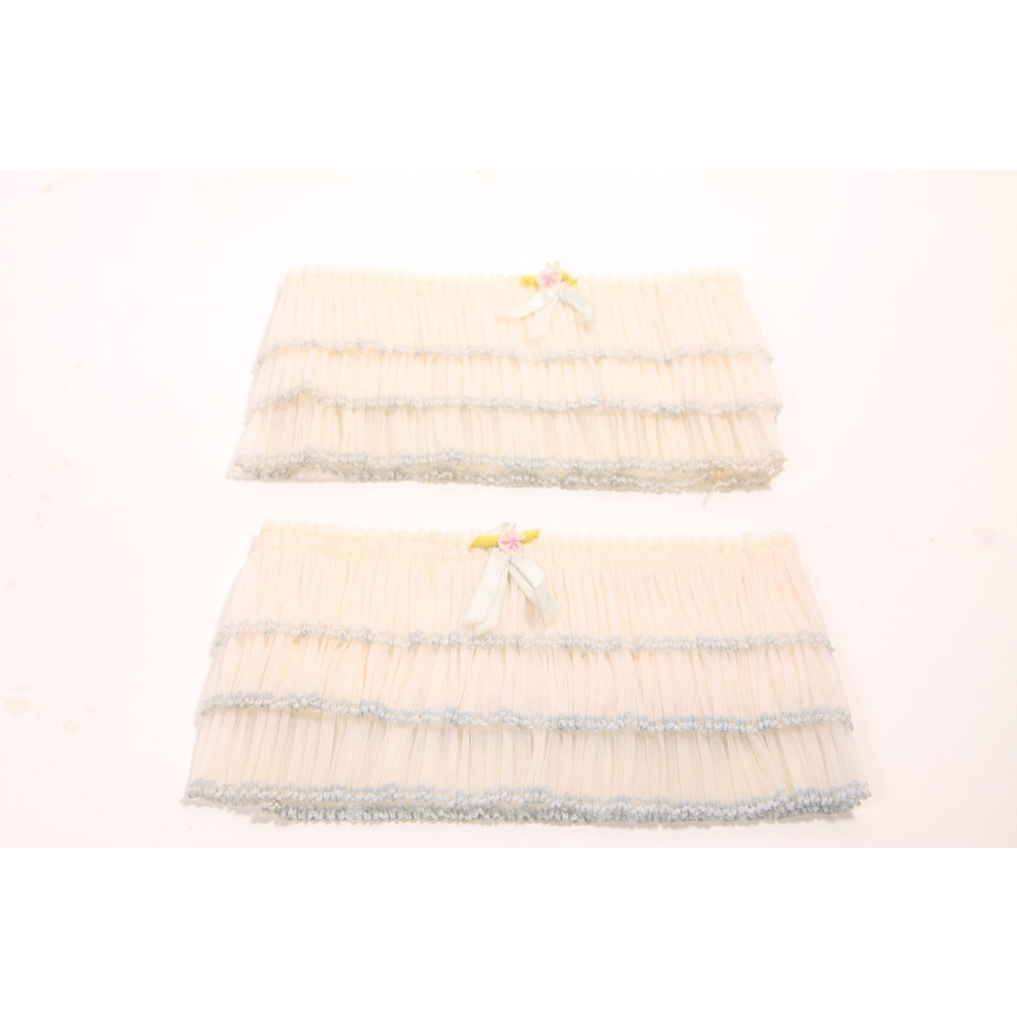 Deadstock Antique 1920s Cream, Blue and Pink Ruffle Set of 2 Garters with Pink and Blue Marcasite Garter Belt Straps and Lingerie Clasps