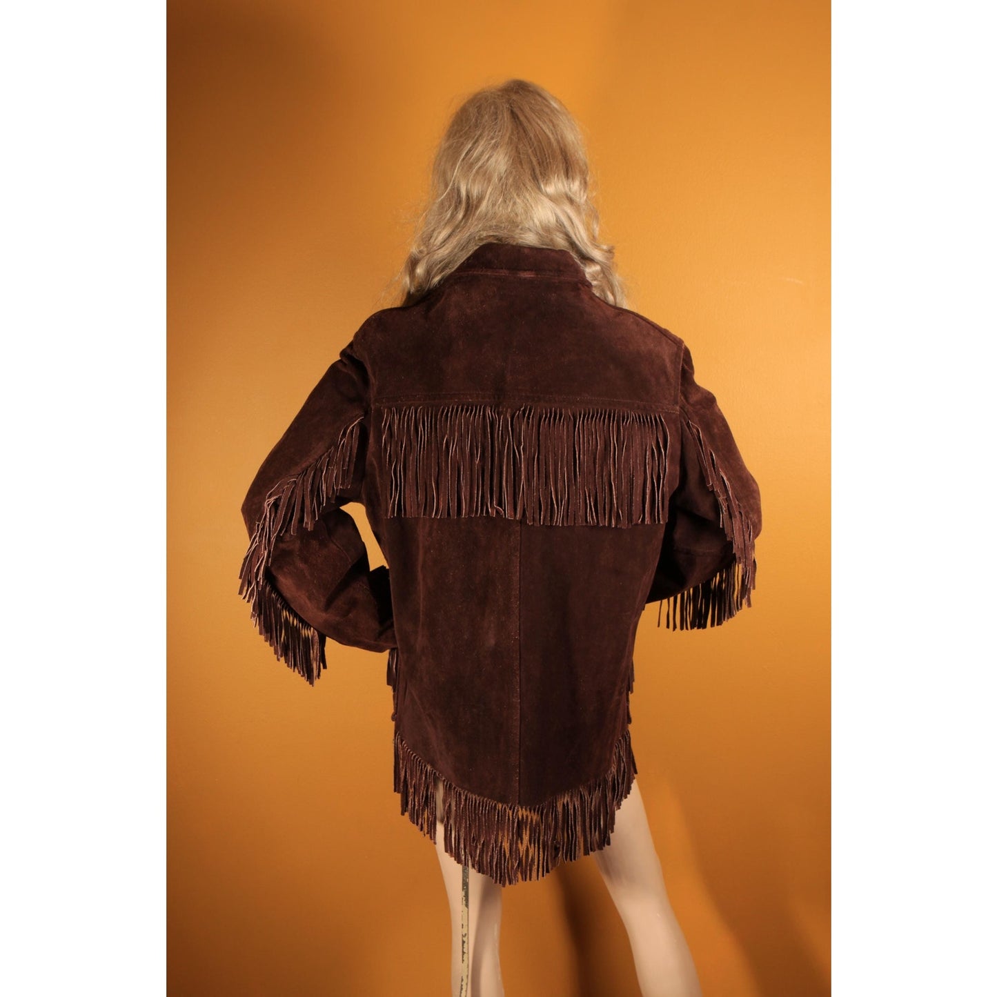 1970s Dark Brown Long Sleeve Fringe Western Suede Leather Mens Coat by Rice Sports Wear -M-L