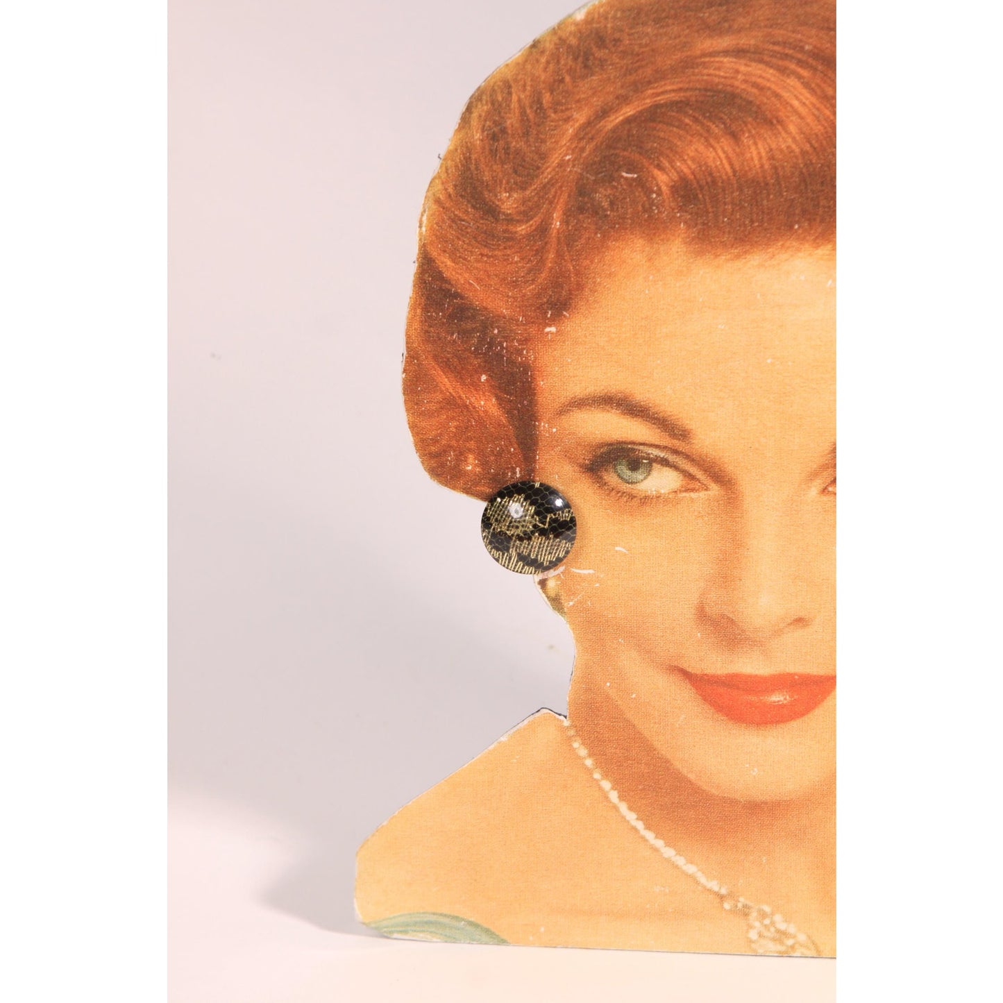 1950s 1960s Black and Gold Lace Lucite Plastic Clip On Earrings
