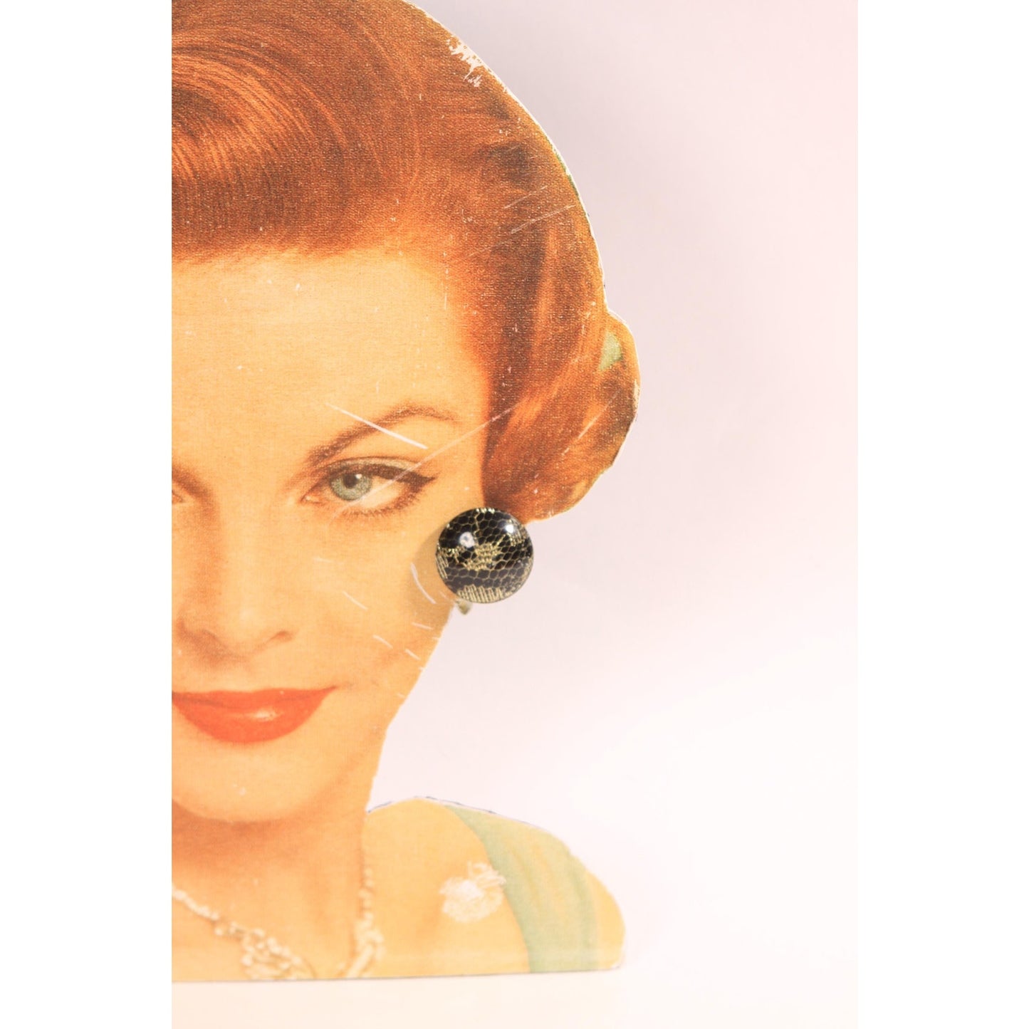 1950s 1960s Black and Gold Lace Lucite Plastic Clip On Earrings