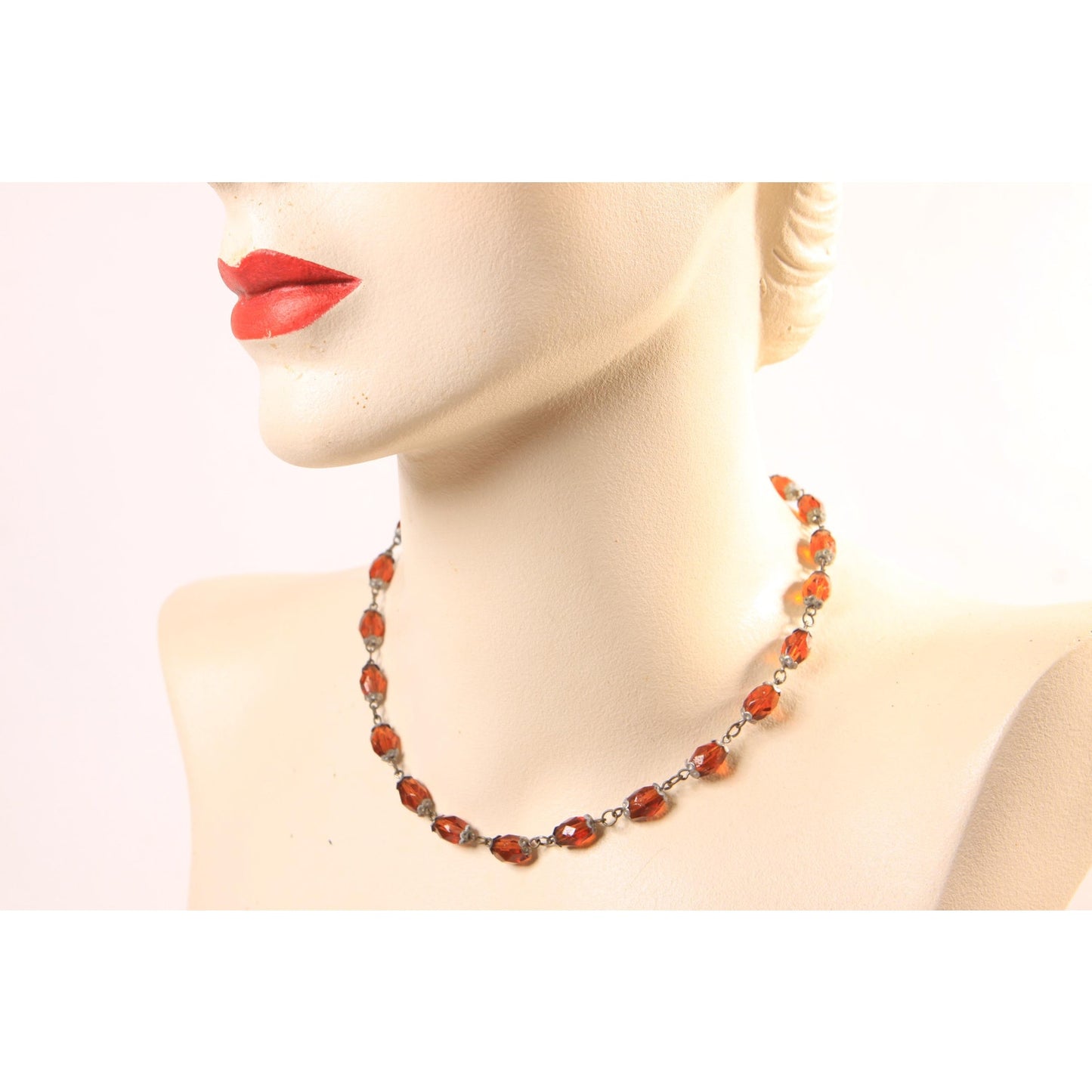 1940s 1950s Brass Tone Amber Glass Beaded Faceted Necklace
