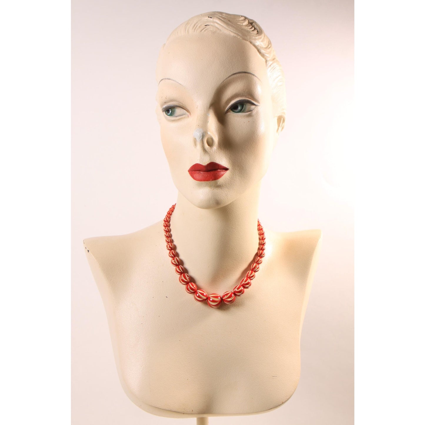 1920s Red and Cream Off White Carved French Galalith Beaded Necklace