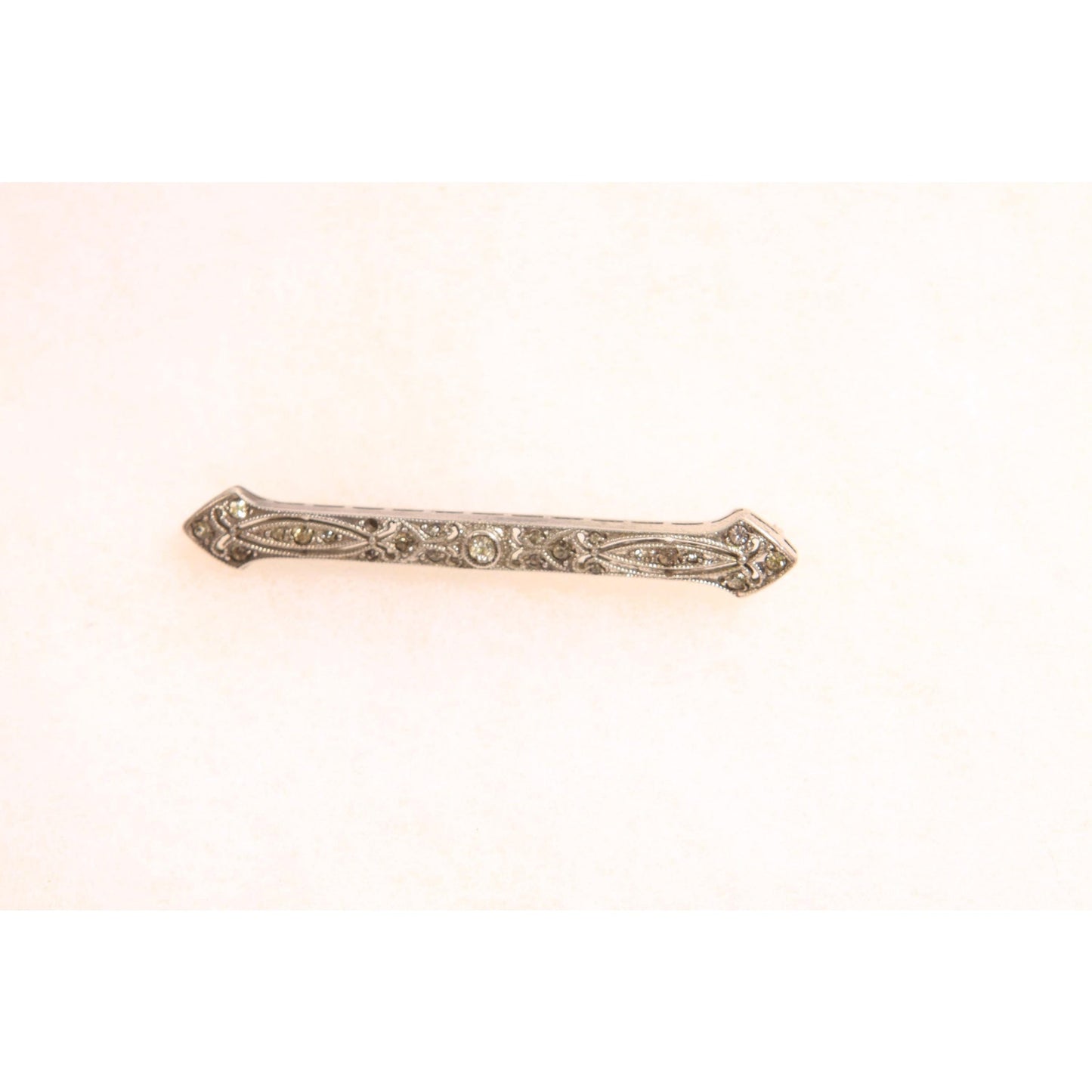 Antique 1920s Sterling Silver Marcasite Rhinestone Art Deco Bar Brooch