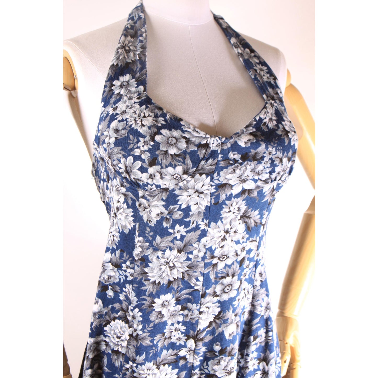 1990s Blue and White Floral Halter Top One Piece Romper by Energie -M