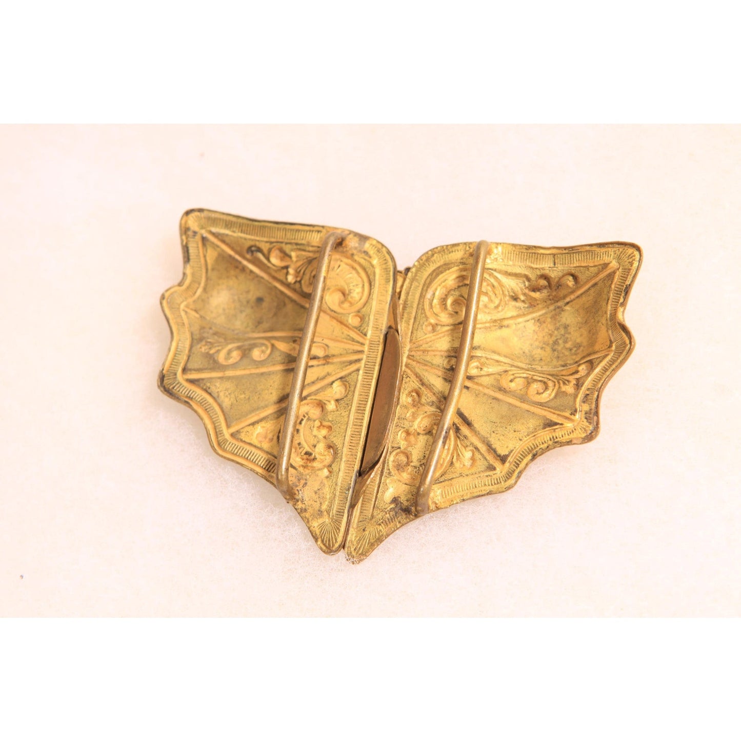 1930s Art Nouveau Gold Tone Metal Purple Stone Gothic Bat Wing Belt Buckle