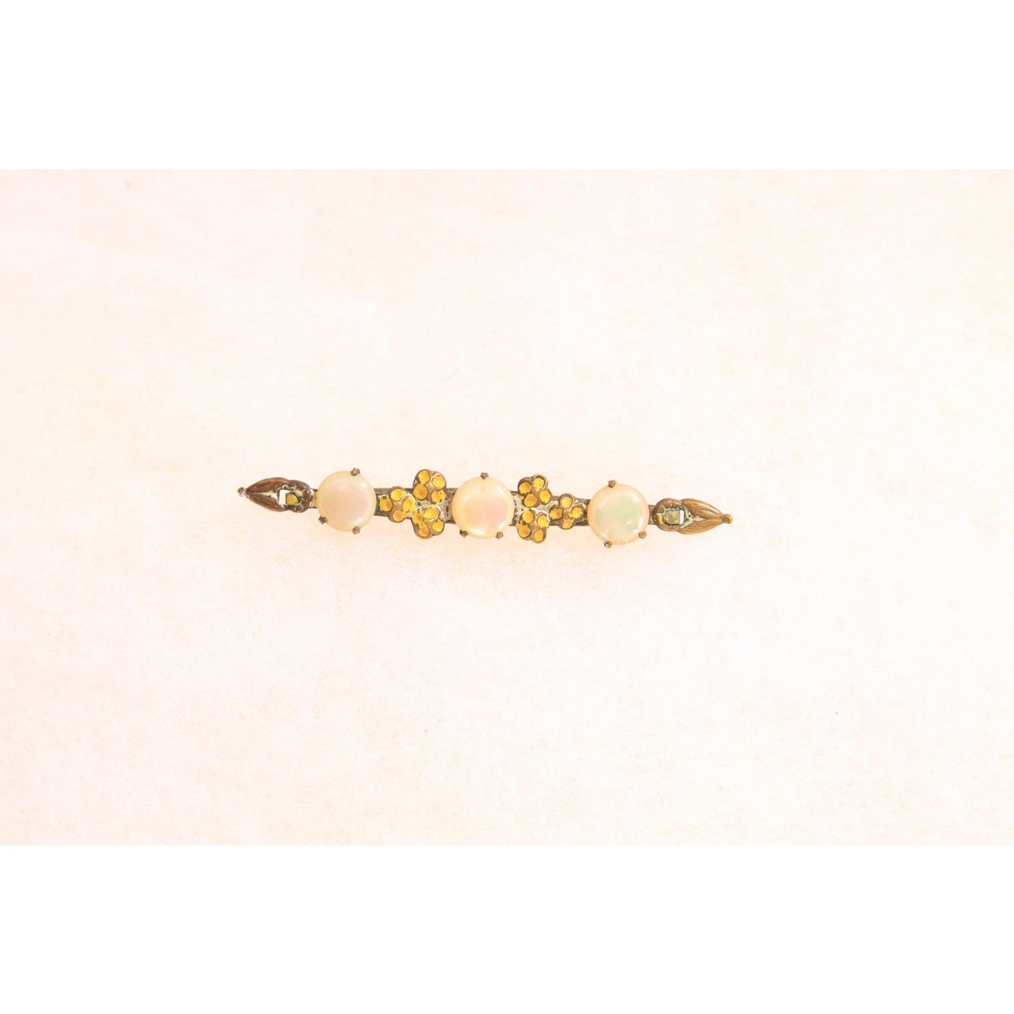 Antique 1910s 1920s Edwardian Yellow and Mother of Pearl Floral Bar Brooch