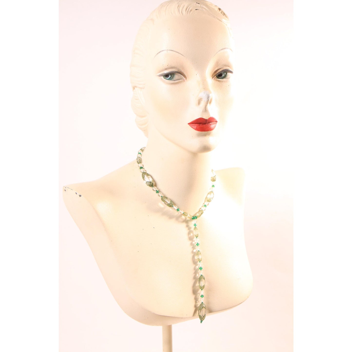 1930s Clear Glass and Green Floral Etched Art Deco Drop Chain Necklace