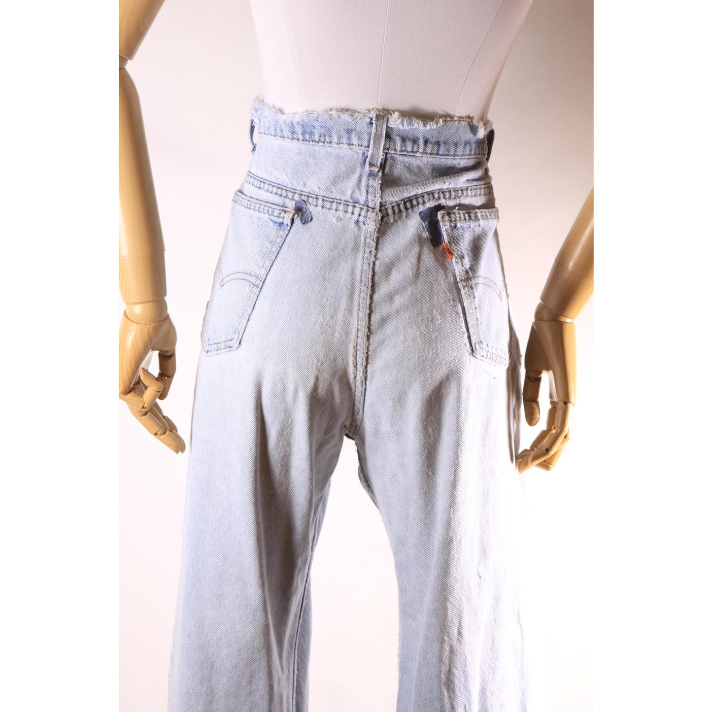 1980s Distressed Patch Fraying Blue Denim Orange Tab 517 Jeans by Levi's -38x29