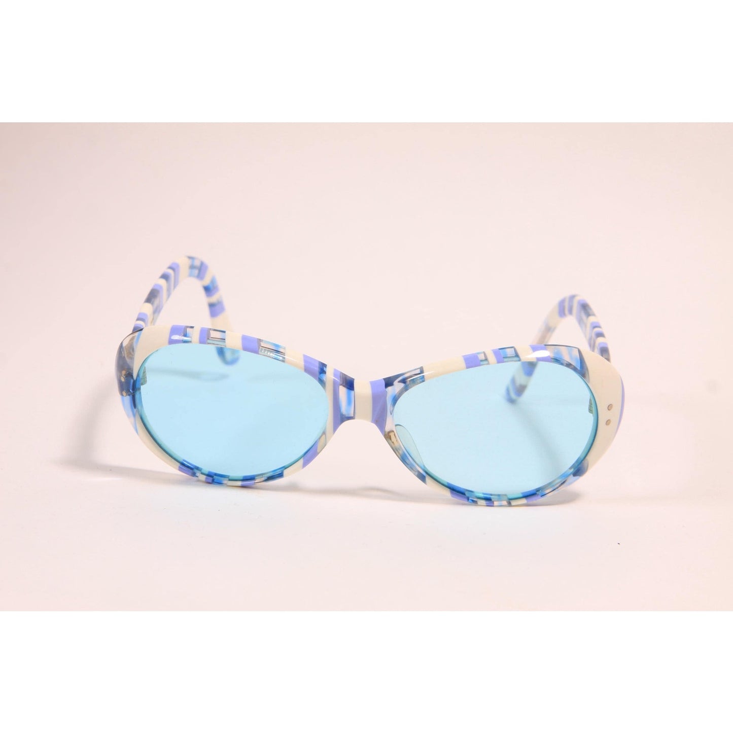 1960s Blue, White and Clear Plastic Round Circle Mod Blue Tint Lens France Sunglasses