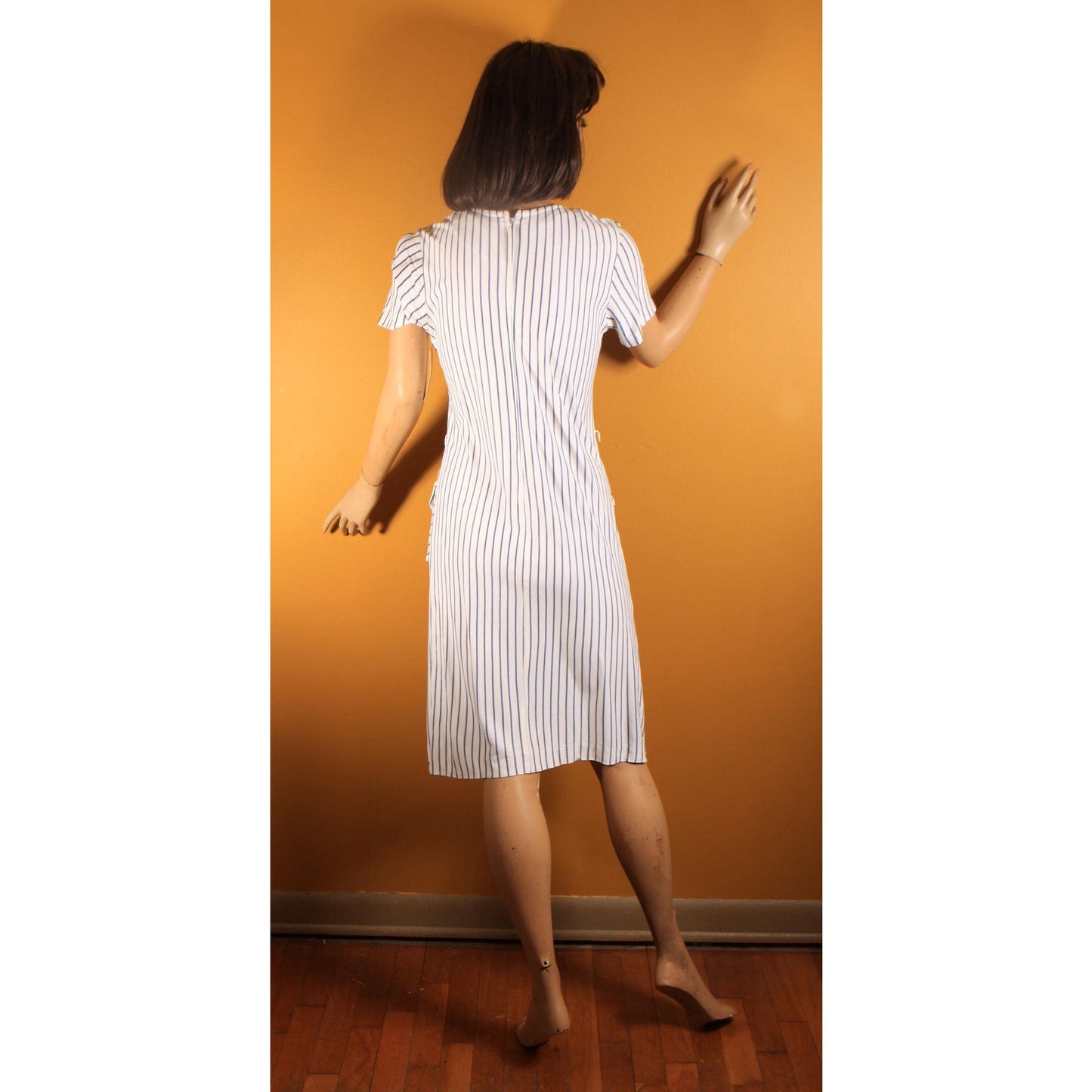 1960s White and Blue Striped Pocket Short Sleeve Dress