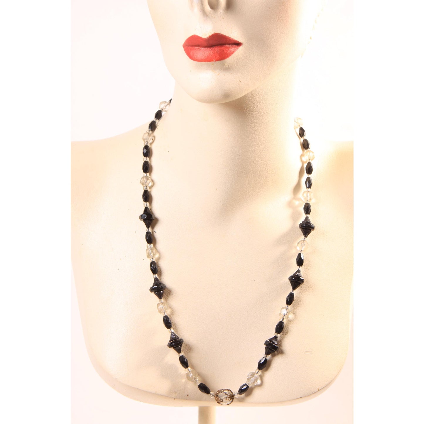 1940s 1950s Black and Clear Glass Faceted Beaded Necklace