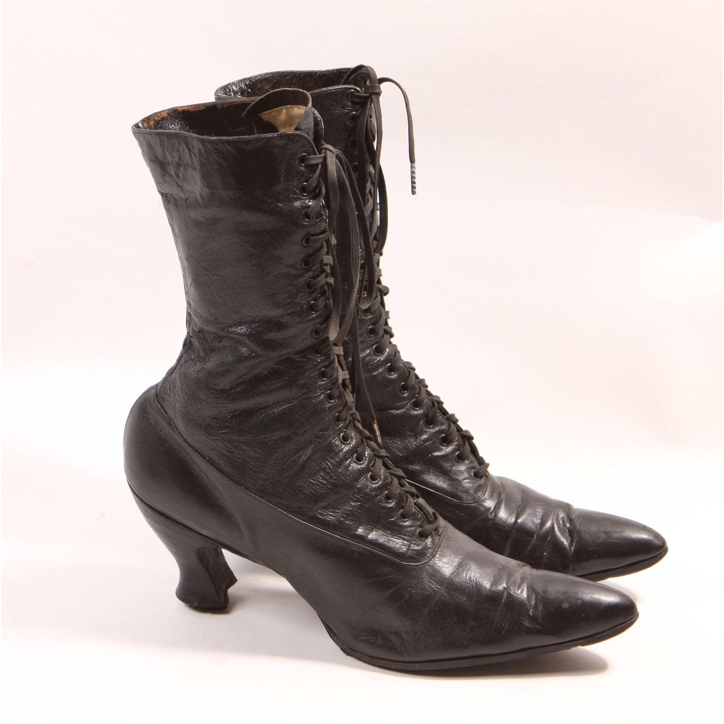 Antique 1800s Victorian Black Leather Lace Up High Heel Boots