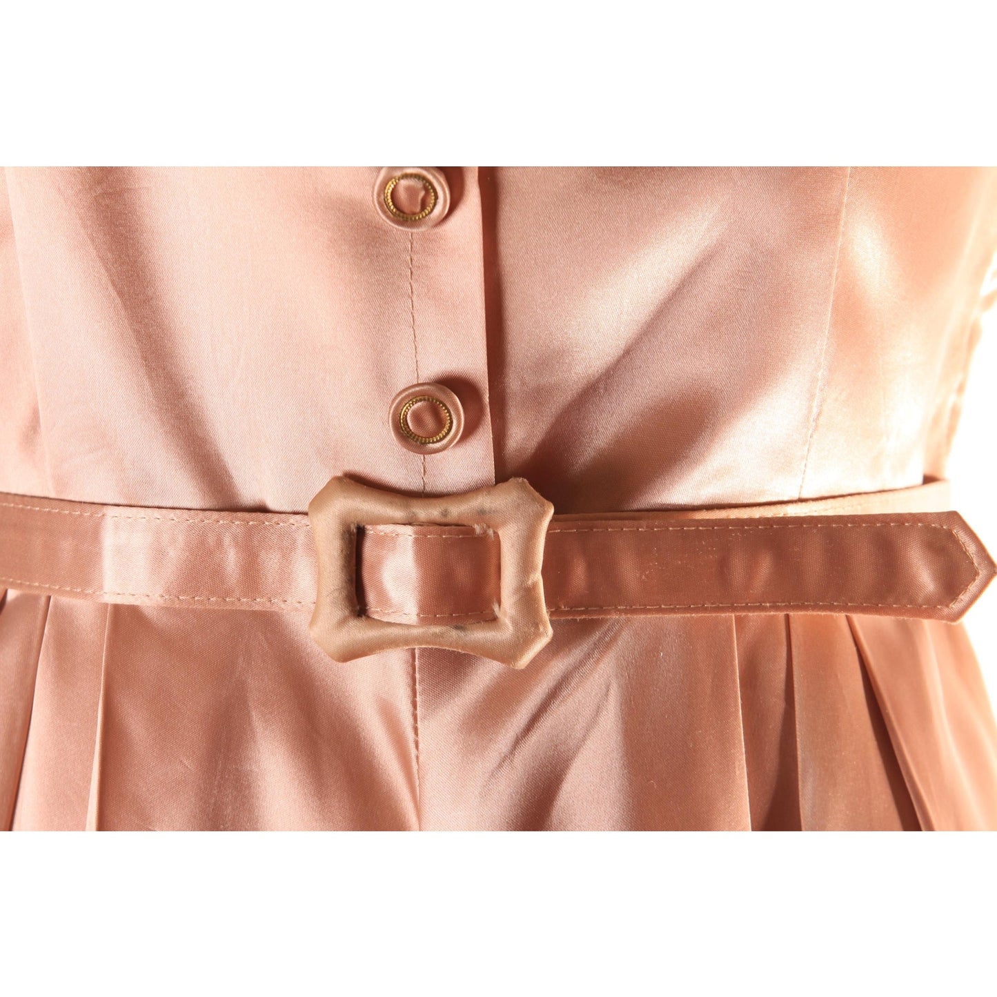 1940s Light Pink Nude Tone Satin Short Sleeve Belted Fit and Flare Dress -S