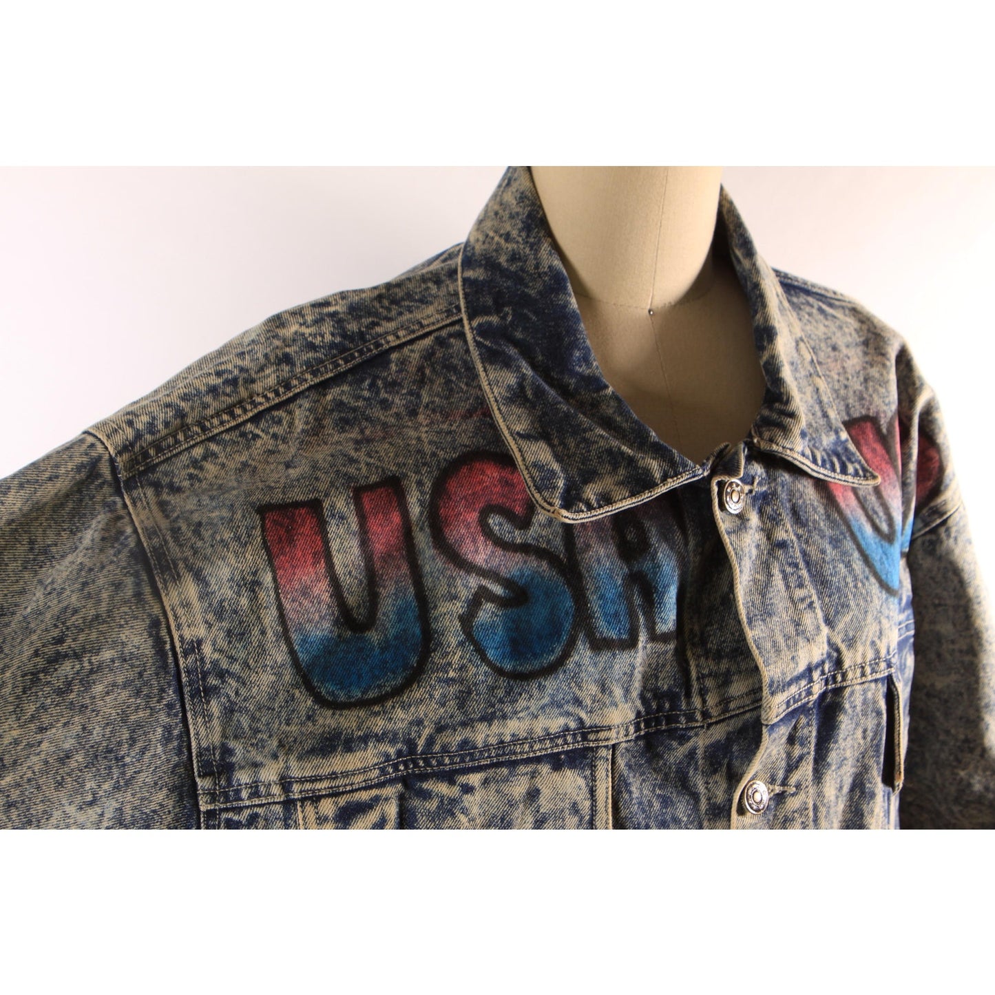1980s Blue Denim Acid Wash Oversized Airbrush America Bald Eagle USA American Flag Jacket Coat by First Concept -L